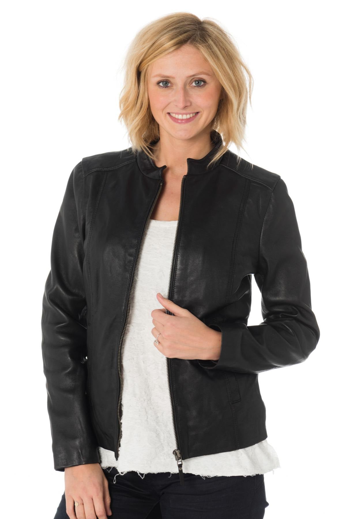 Women's black leather jacket with mao collar - Image n°1