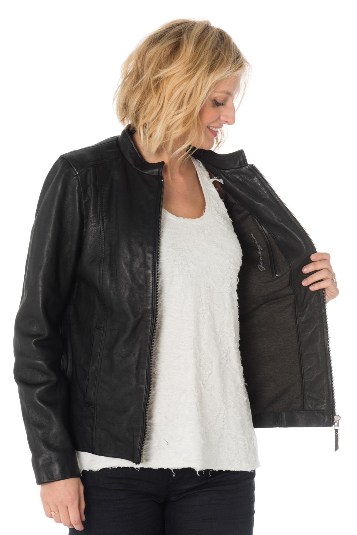 Women's black leather jacket with mao collar - Image n°4