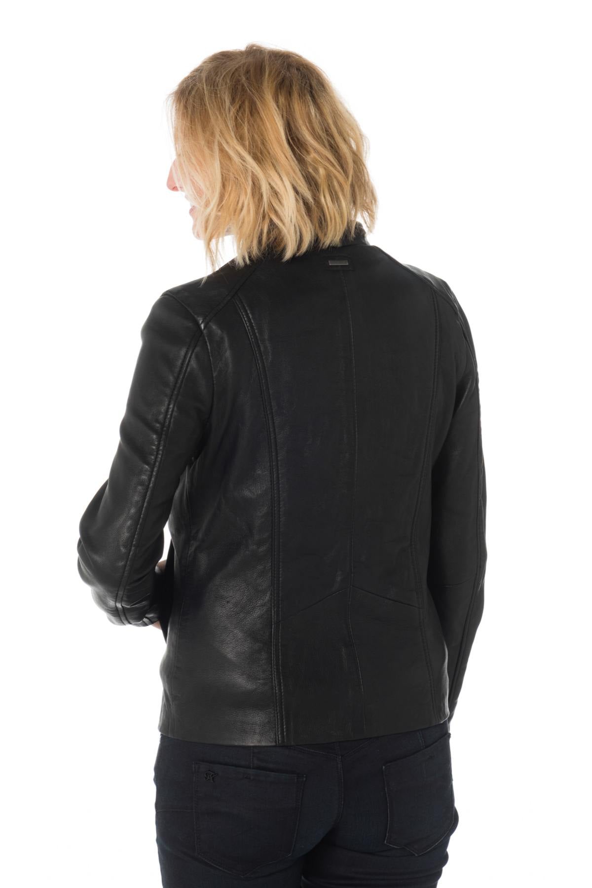 Women's black leather jacket with mao collar - Image n°5