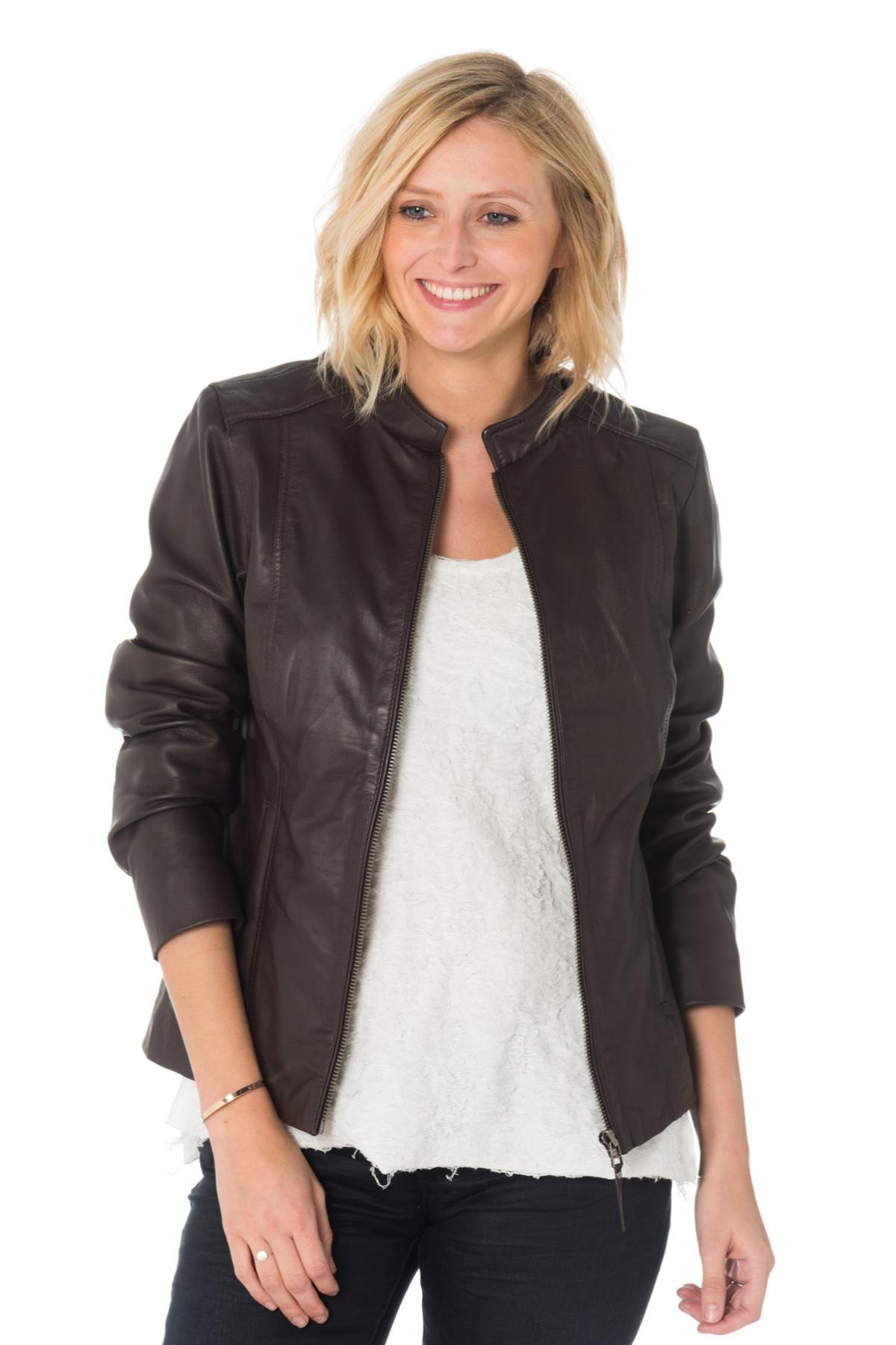 Women's brown sheepskin leather jacket with mao collar - Image n°1