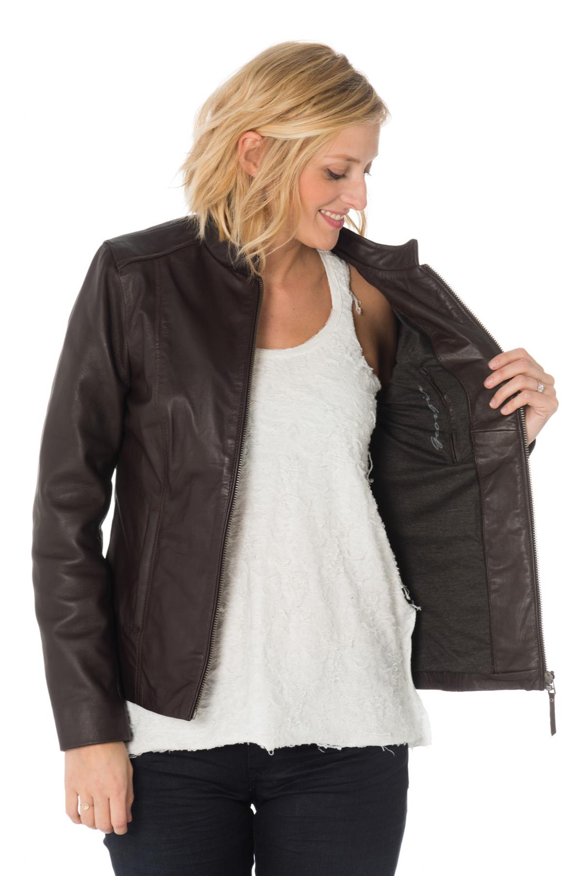 Women's brown sheepskin leather jacket with mao collar - Image n°4