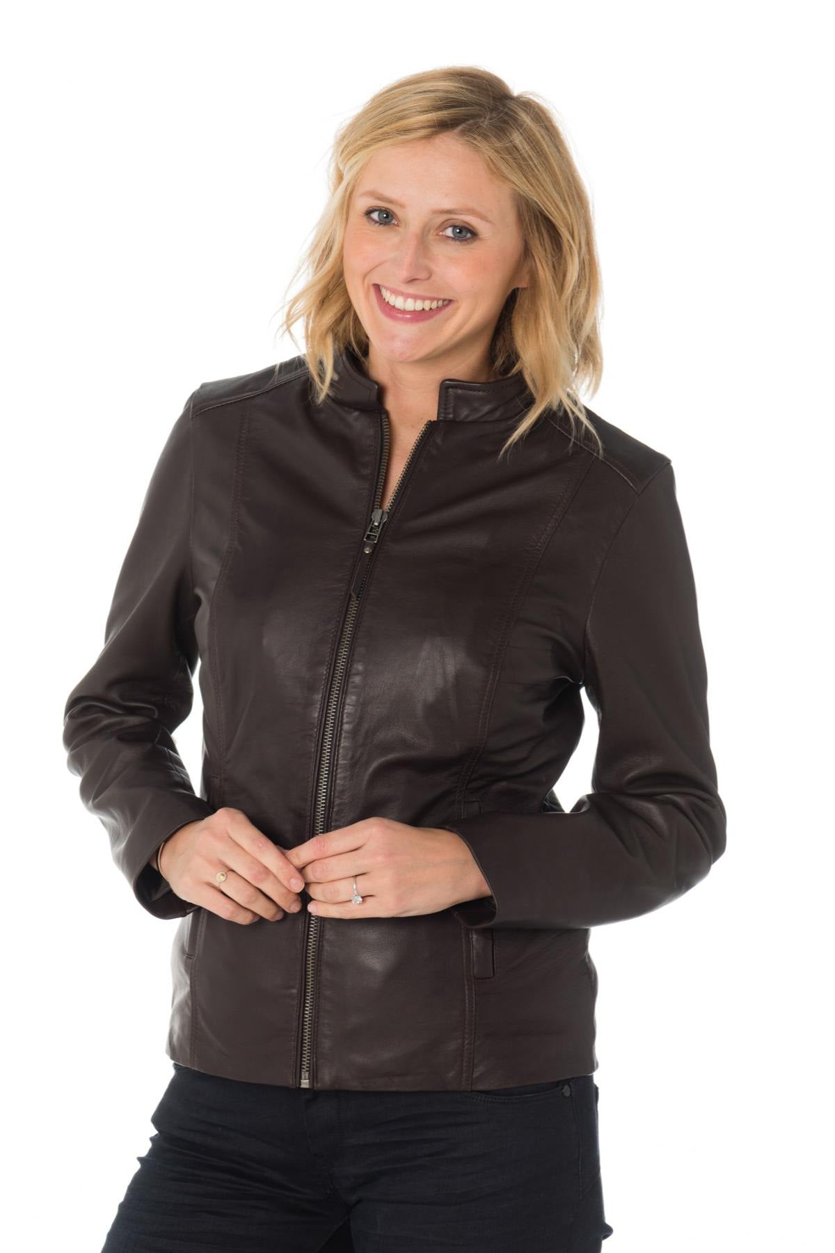 Women's brown sheepskin leather jacket with mao collar - Image n°5