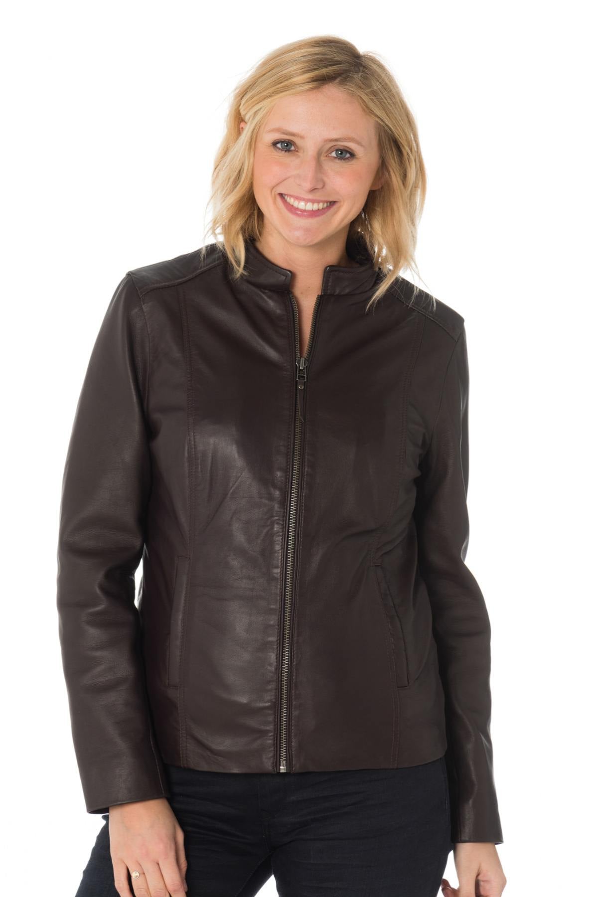 Women's brown sheepskin leather jacket with mao collar - Image n°6