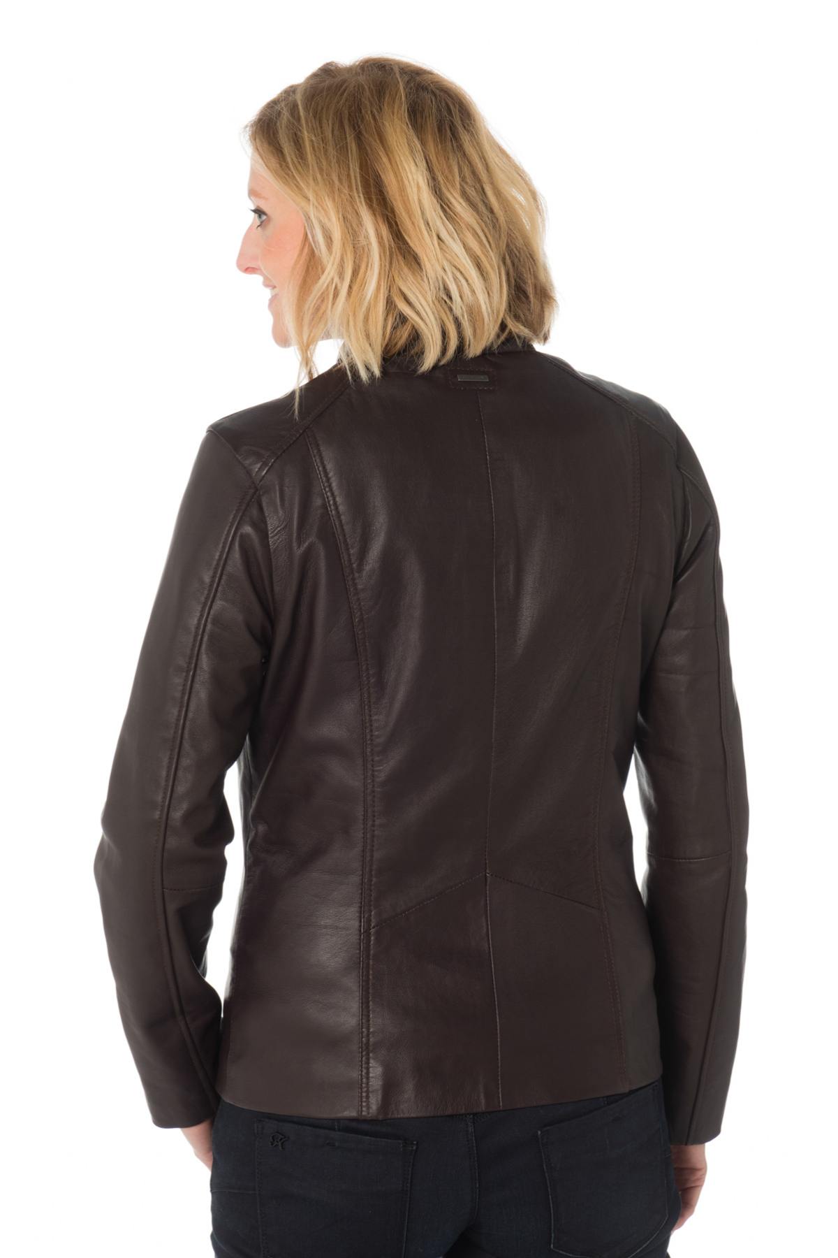 Women's brown sheepskin leather jacket with mao collar - Image n°8