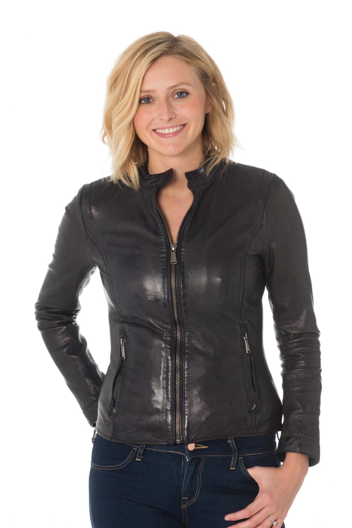 Women's skinny black sheepskin leather jacket - Image n°1