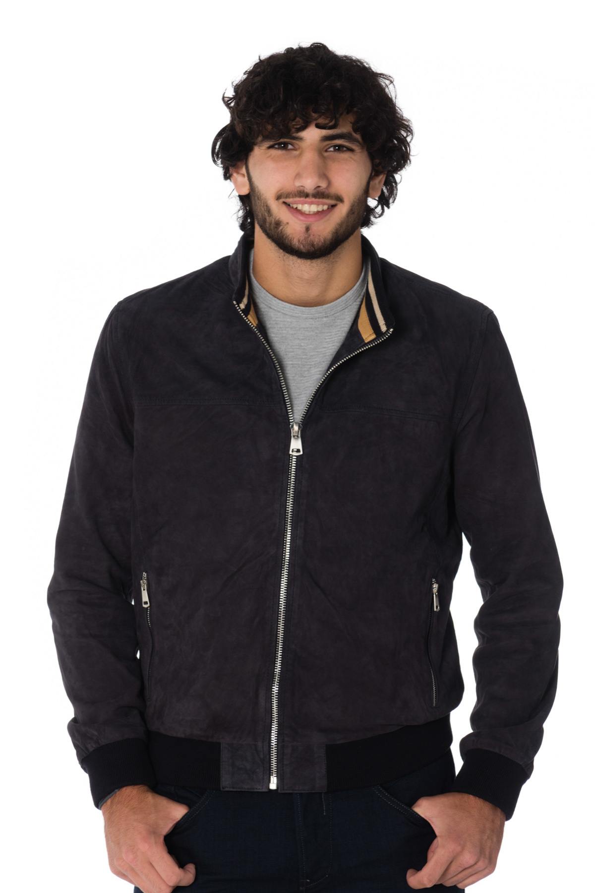 Navy blue goatskin leather jacket - Image n°1