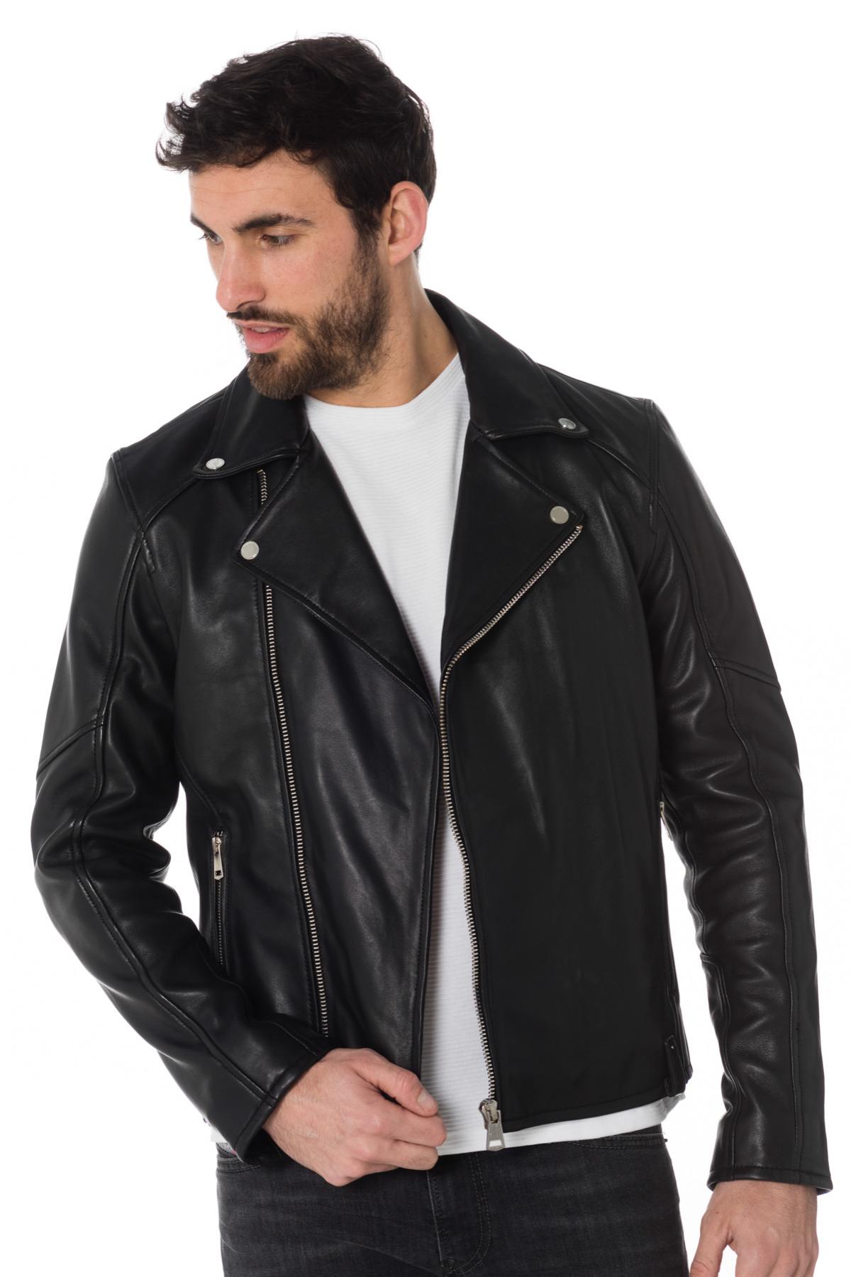 Men's black sheepskin leather Biker Jacket - Image n°3