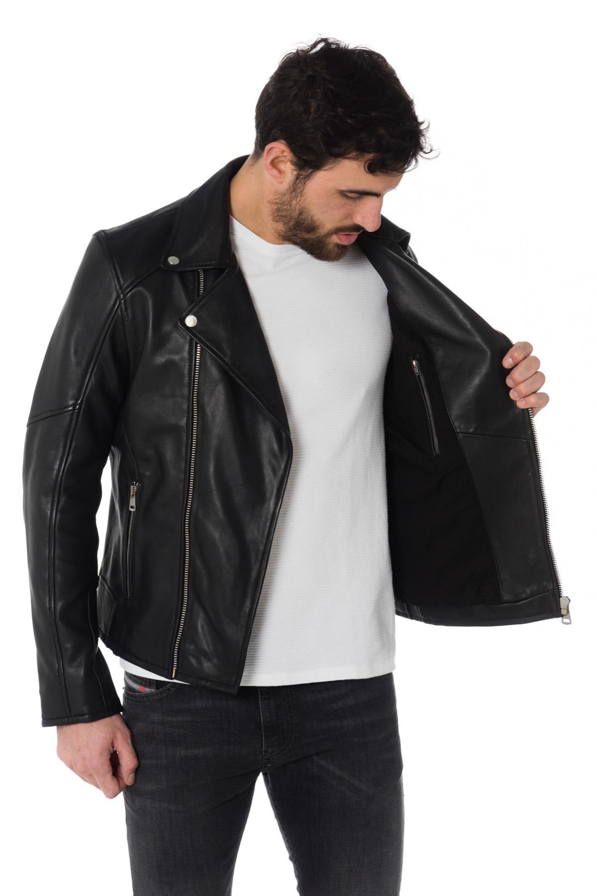 Men's black sheepskin leather Biker Jacket - Image n°5