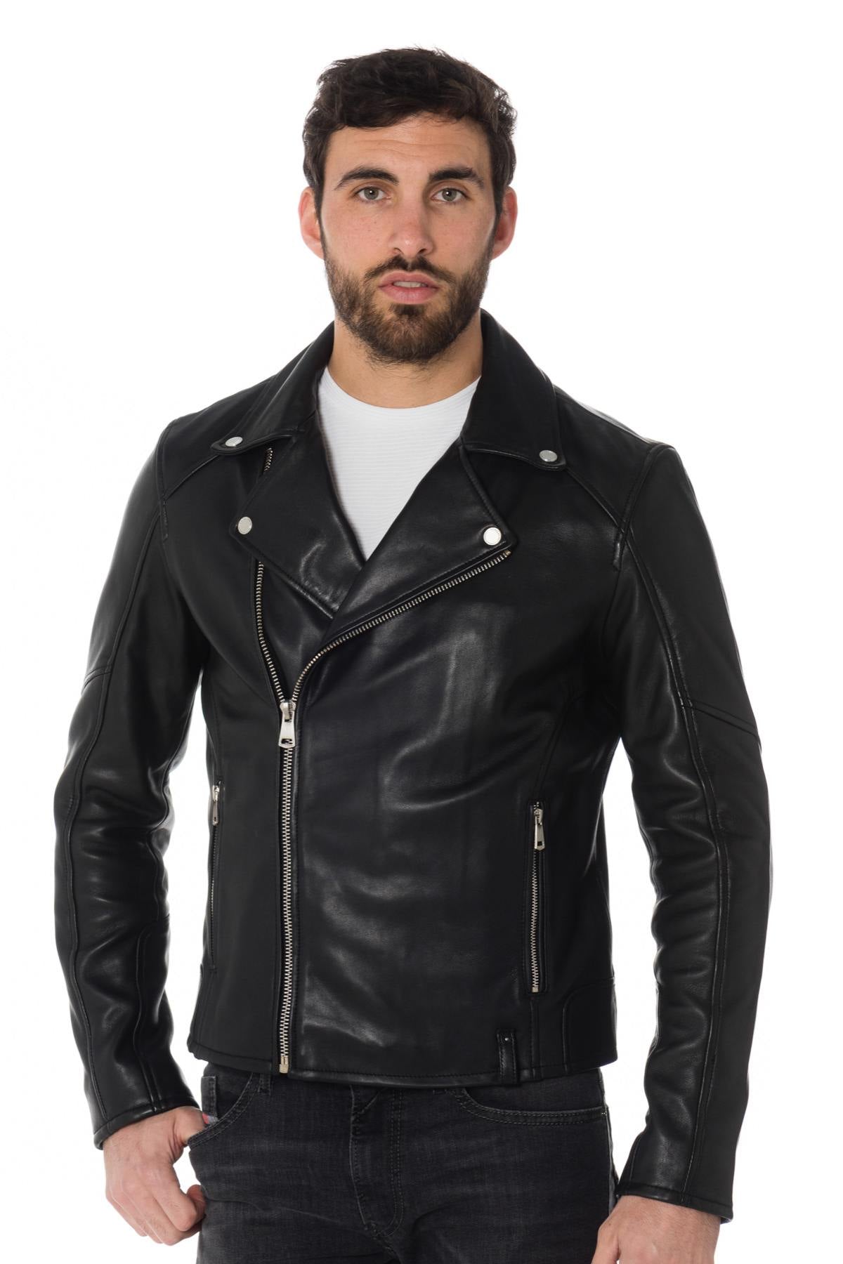 Men's black sheepskin leather Biker Jacket - Image n°1