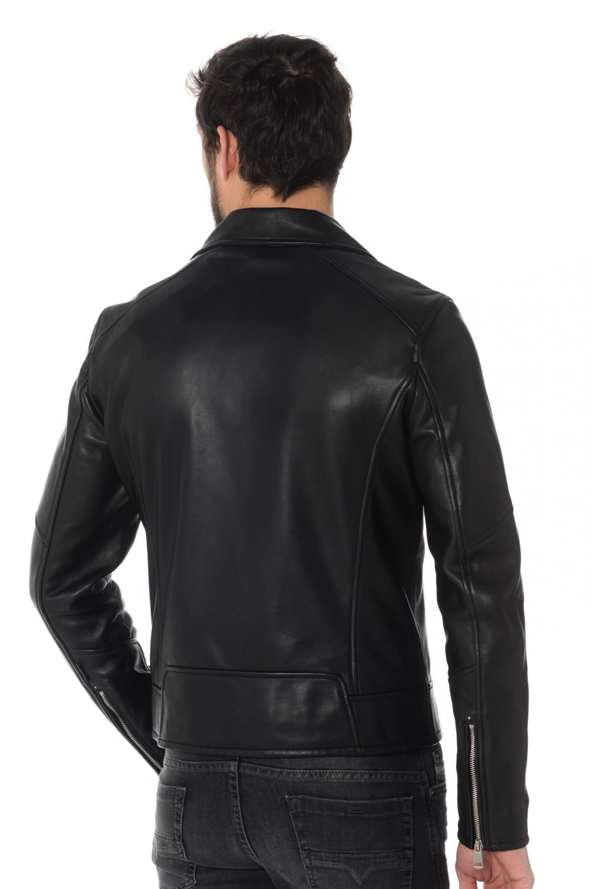 Men's black sheepskin leather Biker Jacket - Image n°4