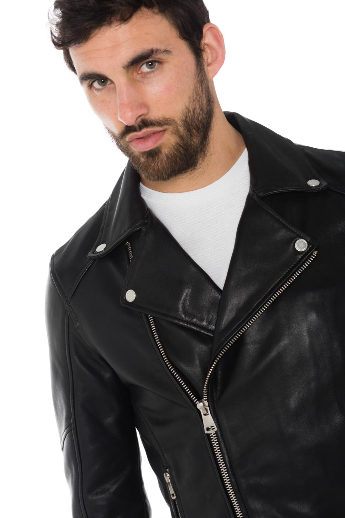 Men's black sheepskin leather Biker Jacket - Image n°6