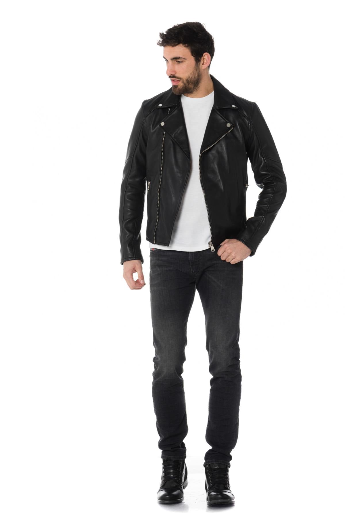 Men's black sheepskin leather Biker Jacket - Image n°2