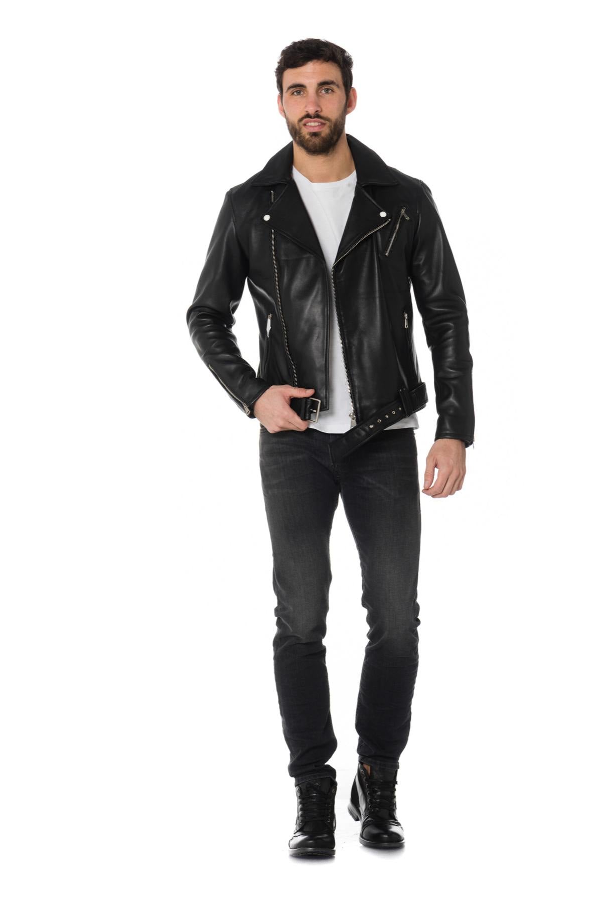  Men's black leather Biker Jacket with belt - Image n°2