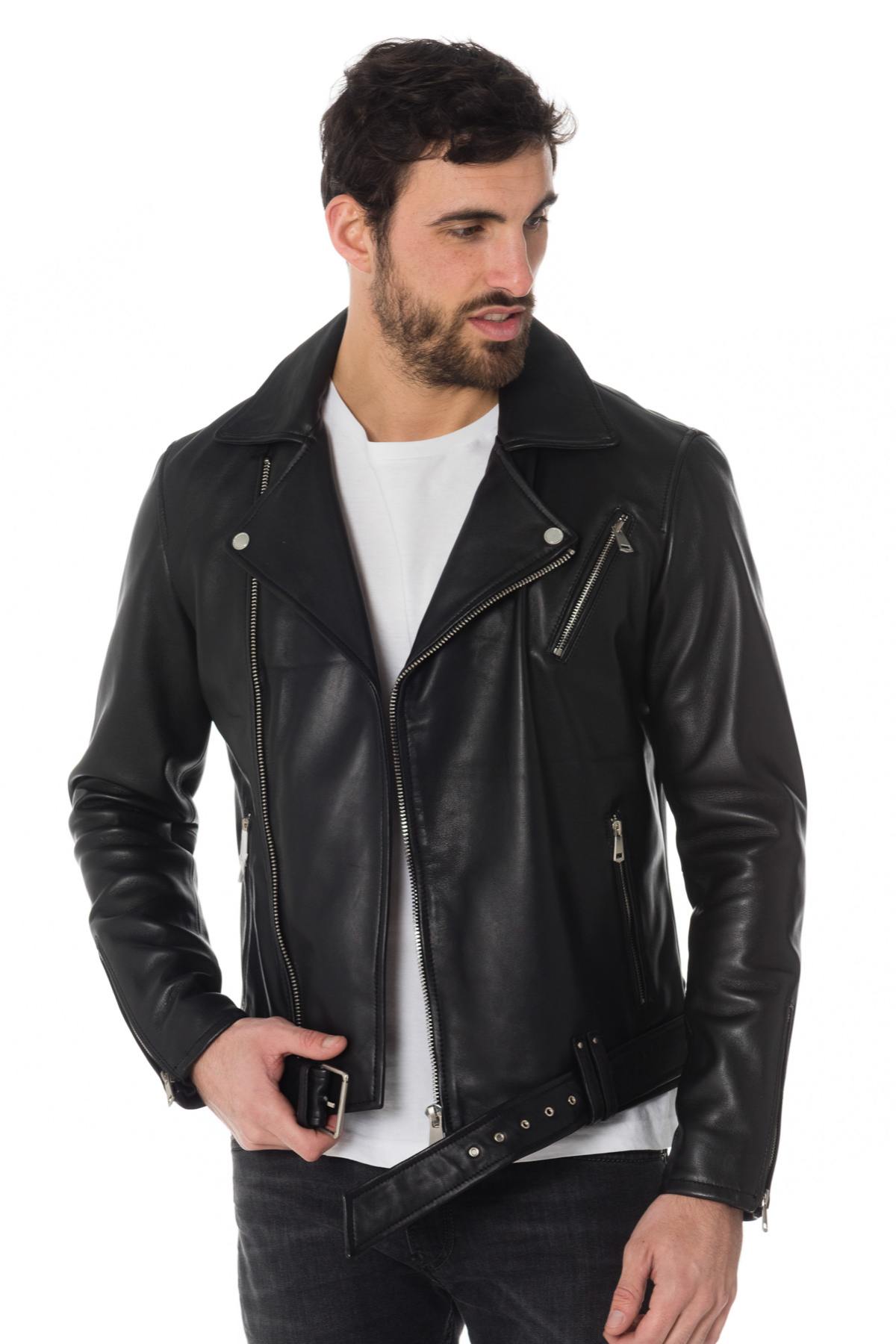  Men's black leather Biker Jacket with belt - Image n°1