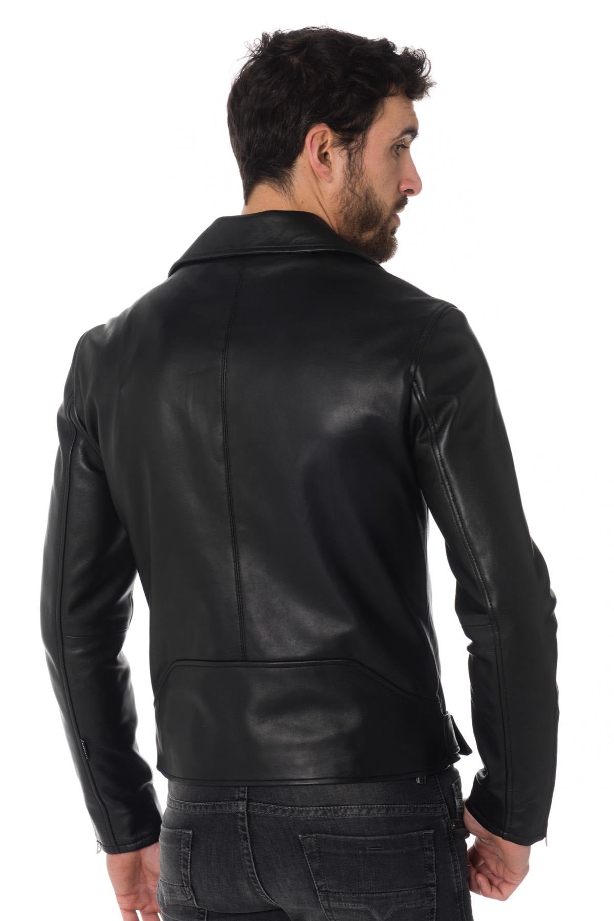  Men's black leather Biker Jacket with belt - Image n°5