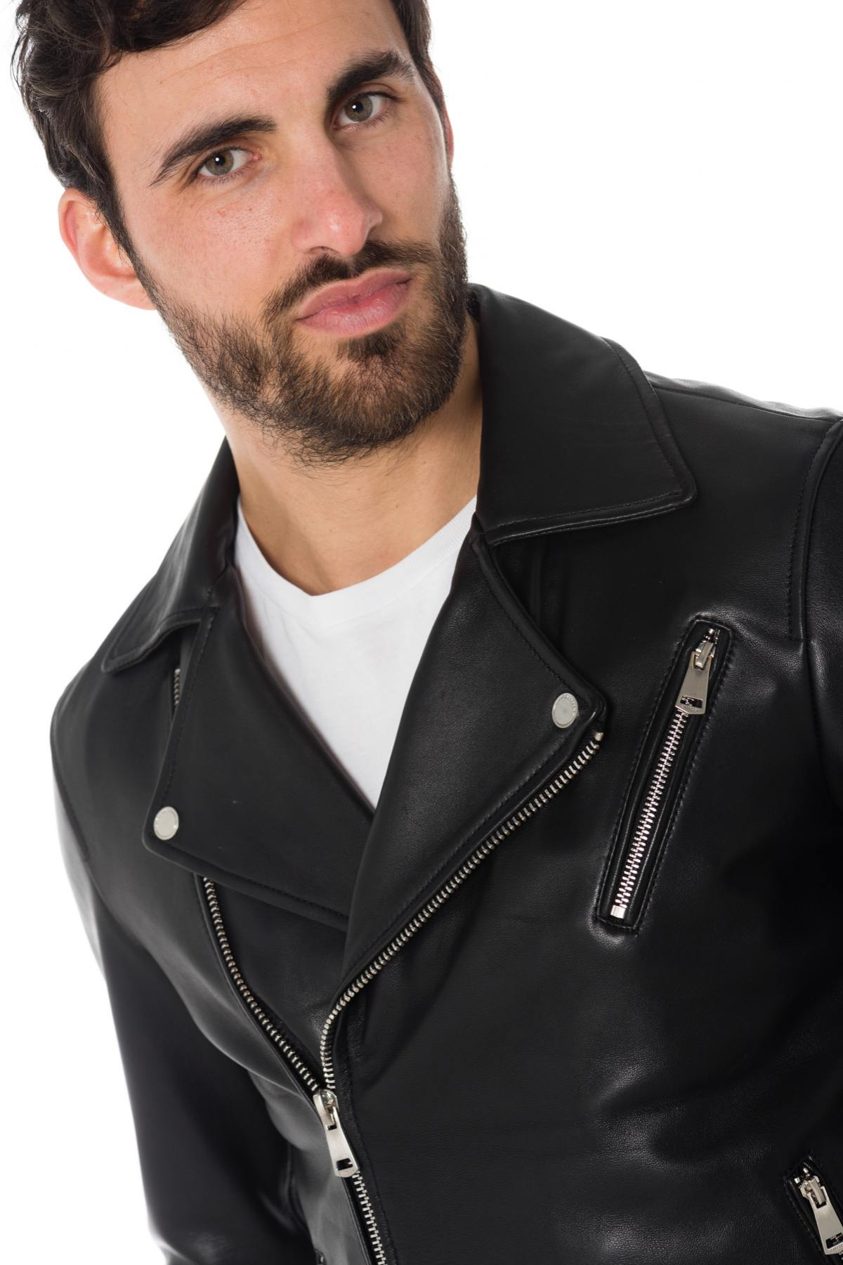  Men's black leather Biker Jacket with belt - Image n°6