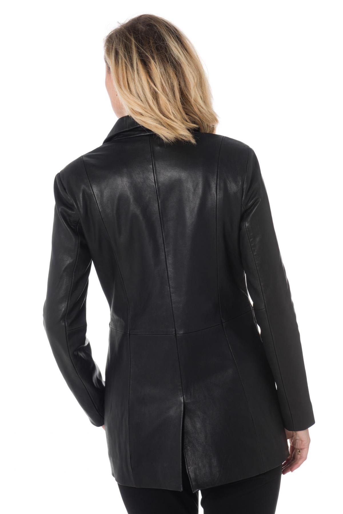 Women's long blazer in black sheepskin leather - Image n°5