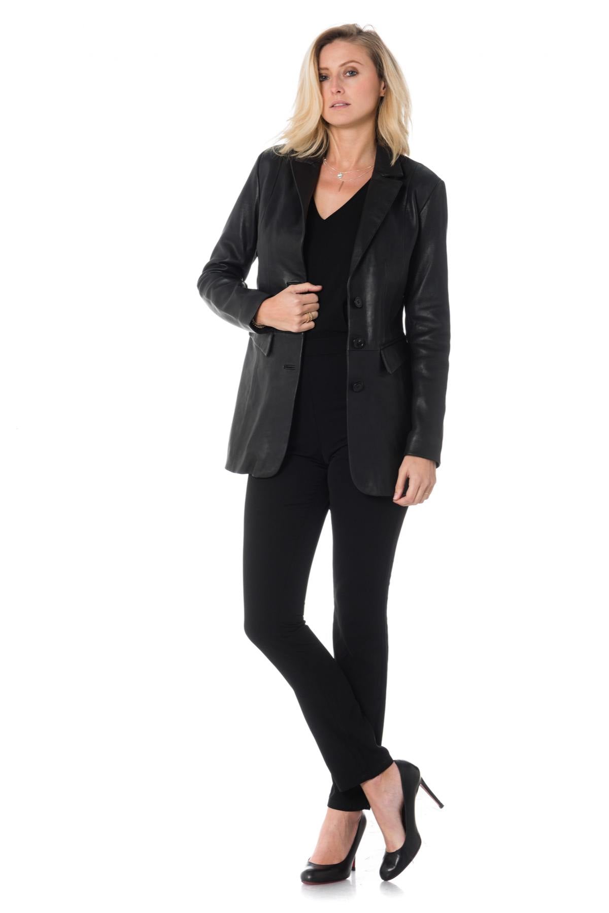 Women's long blazer in black sheepskin leather - Image n°3