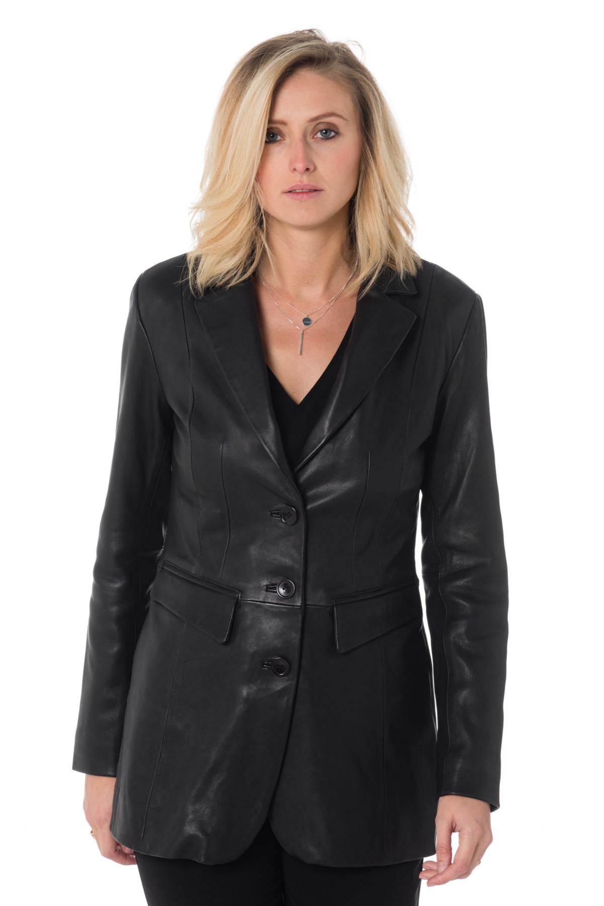 Women's long blazer in black sheepskin leather - Image n°2