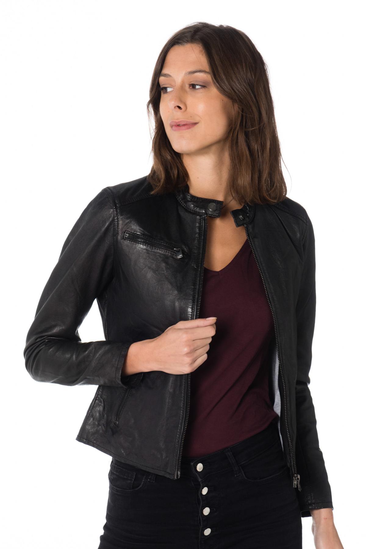 Women's black sheepskin leather biker jacket - Image n°1