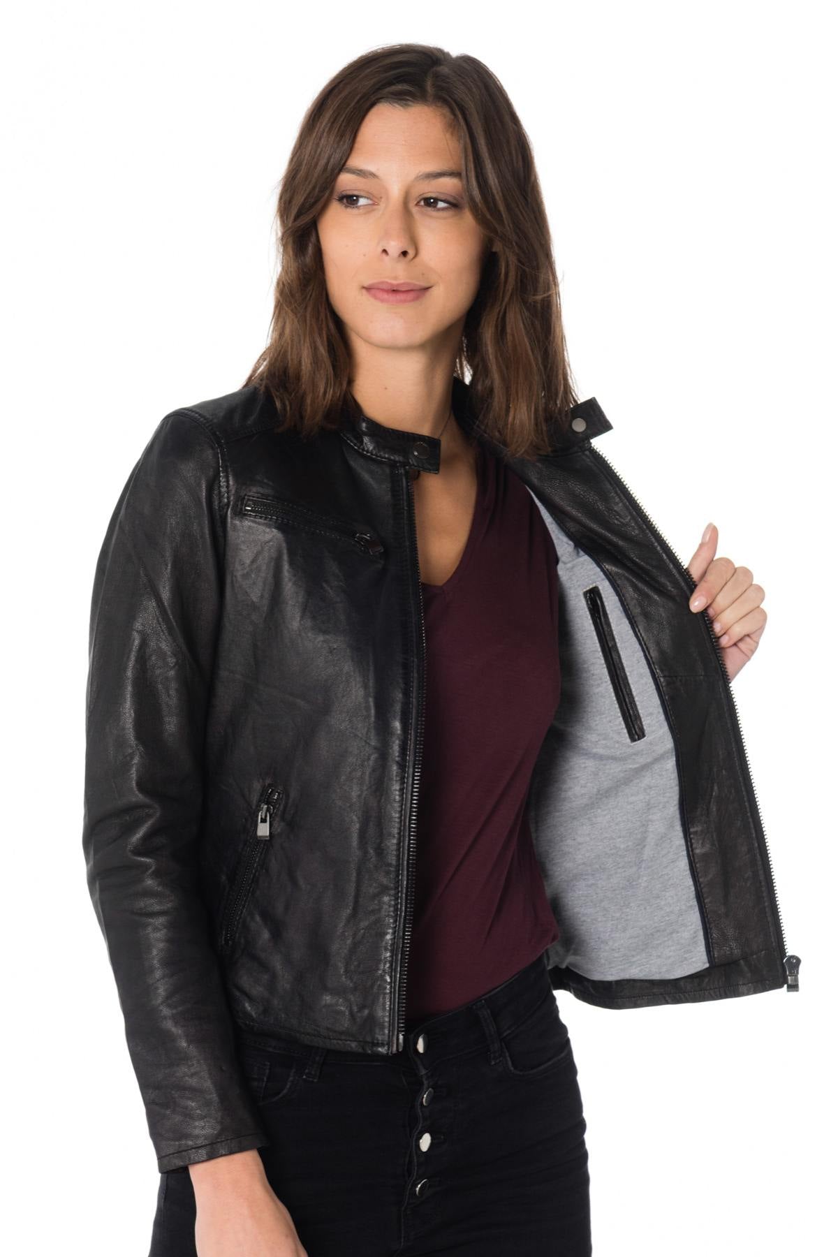 Women's black sheepskin leather biker jacket - Image n°4