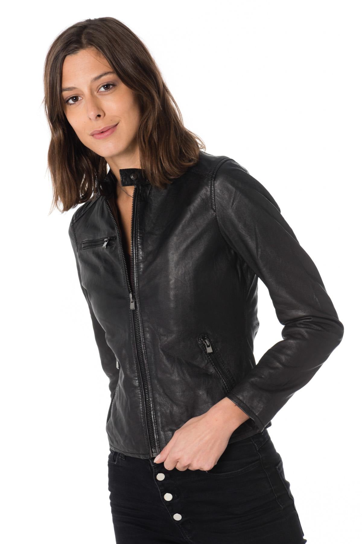 Women's black sheepskin leather biker jacket - Image n°3