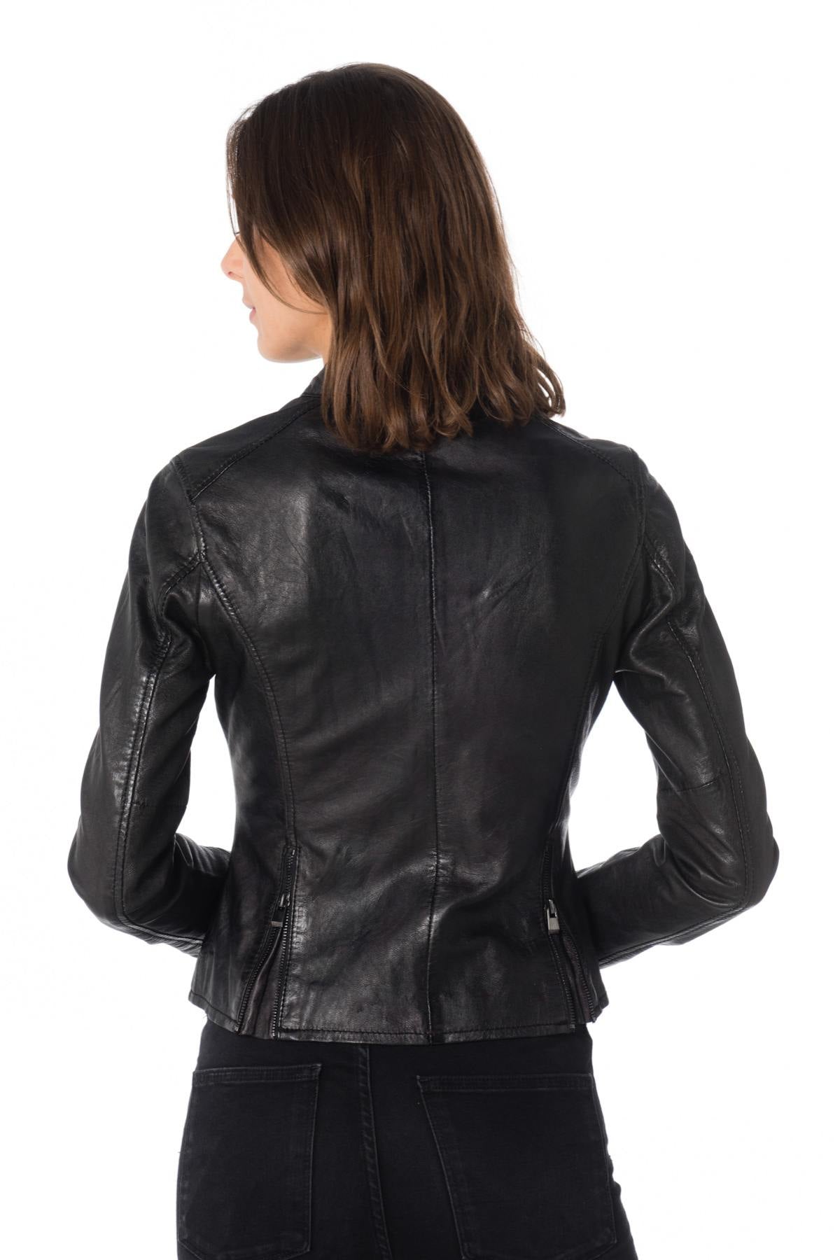 Women's black sheepskin leather biker jacket - Image n°5