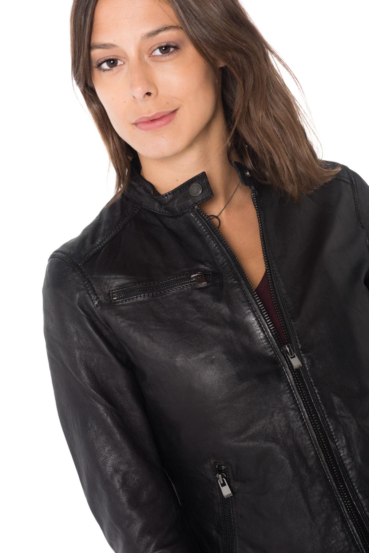 Women's black sheepskin leather biker jacket - Image n°6