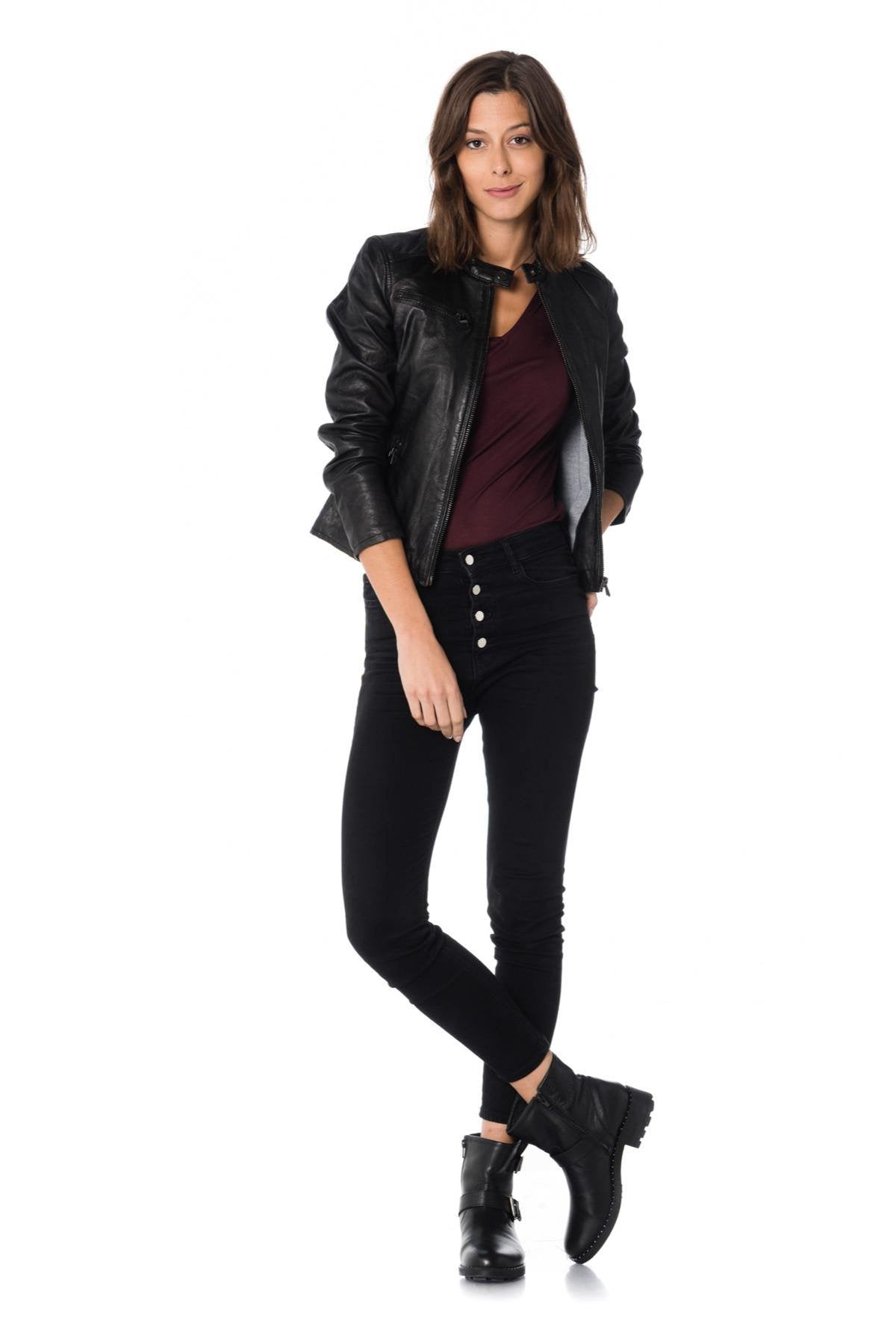 Women's black sheepskin leather biker jacket - Image n°2