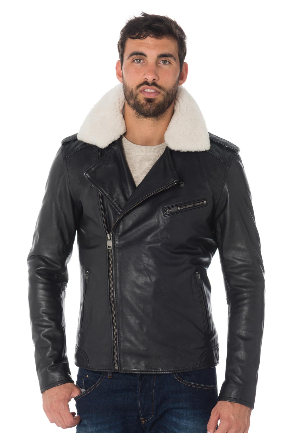 Cowhide leather Biker Jacket with sheepskin collar Cityzen - Image n°1