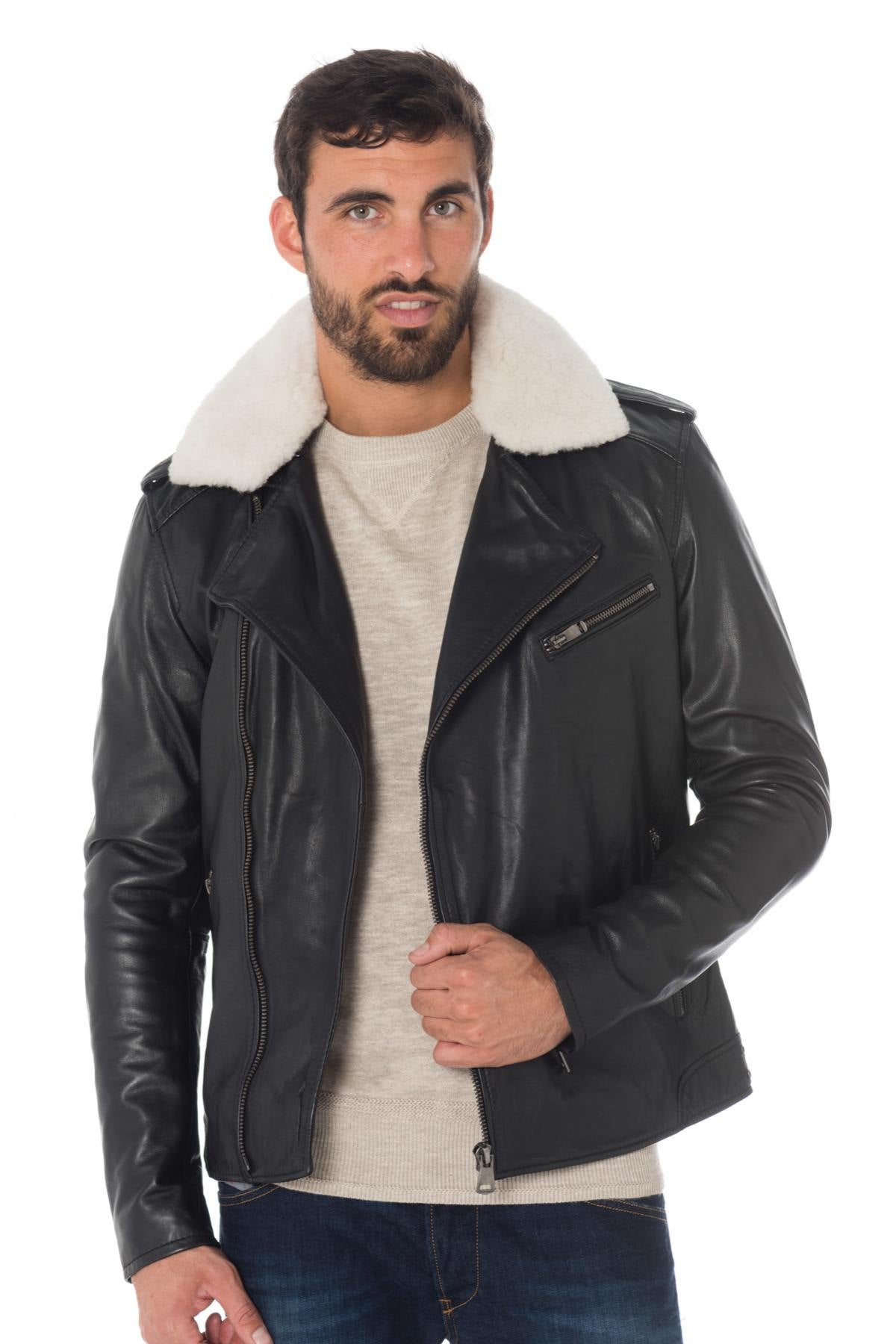 Cowhide leather Biker Jacket with sheepskin collar Cityzen - Image n°3