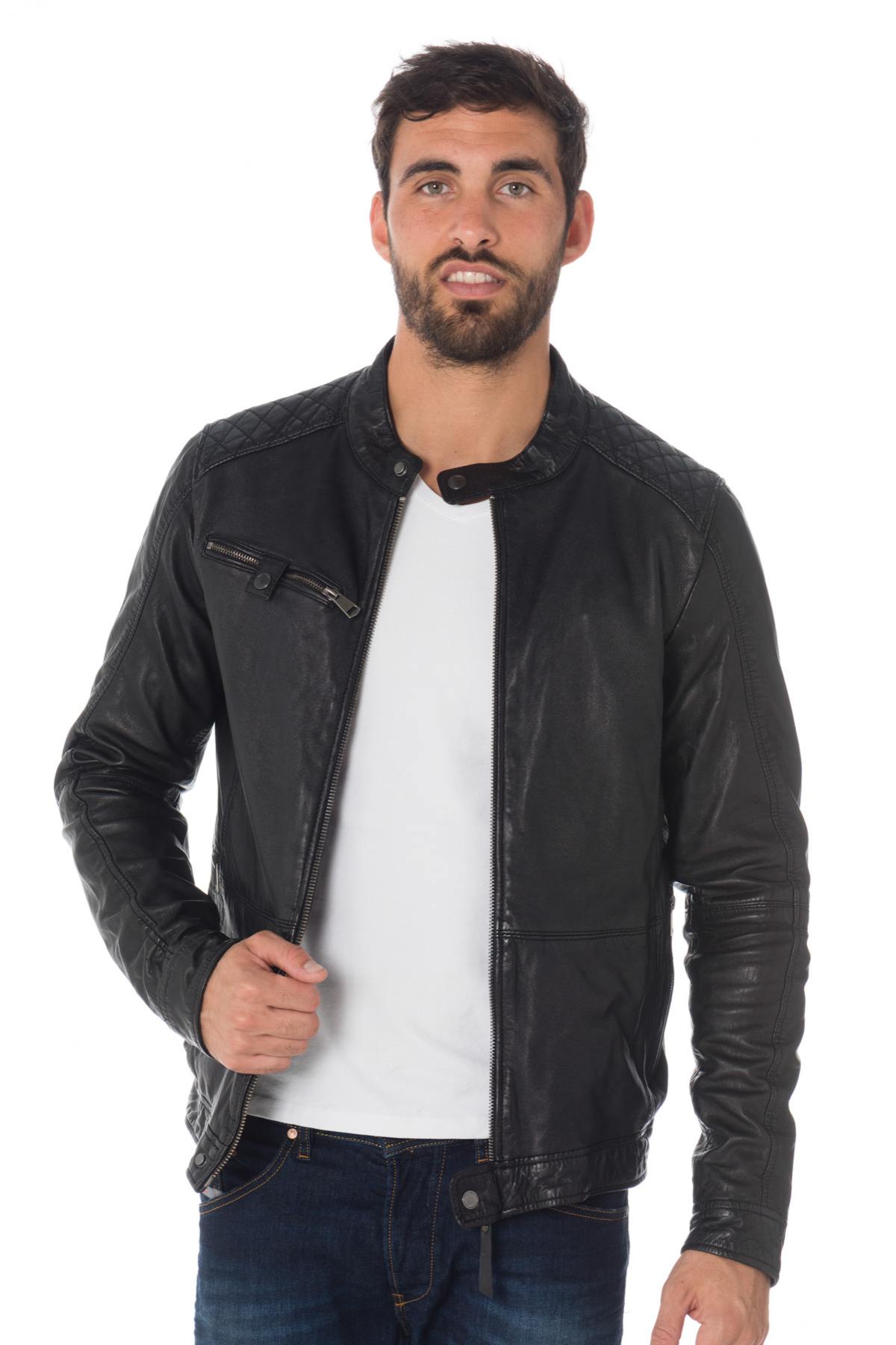 Sheepskin leather biker collar jacket special for large sizes - Image n°1