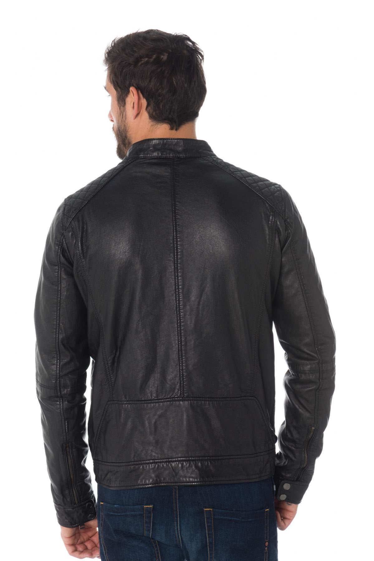 Sheepskin leather biker collar jacket special for large sizes - Image n°4