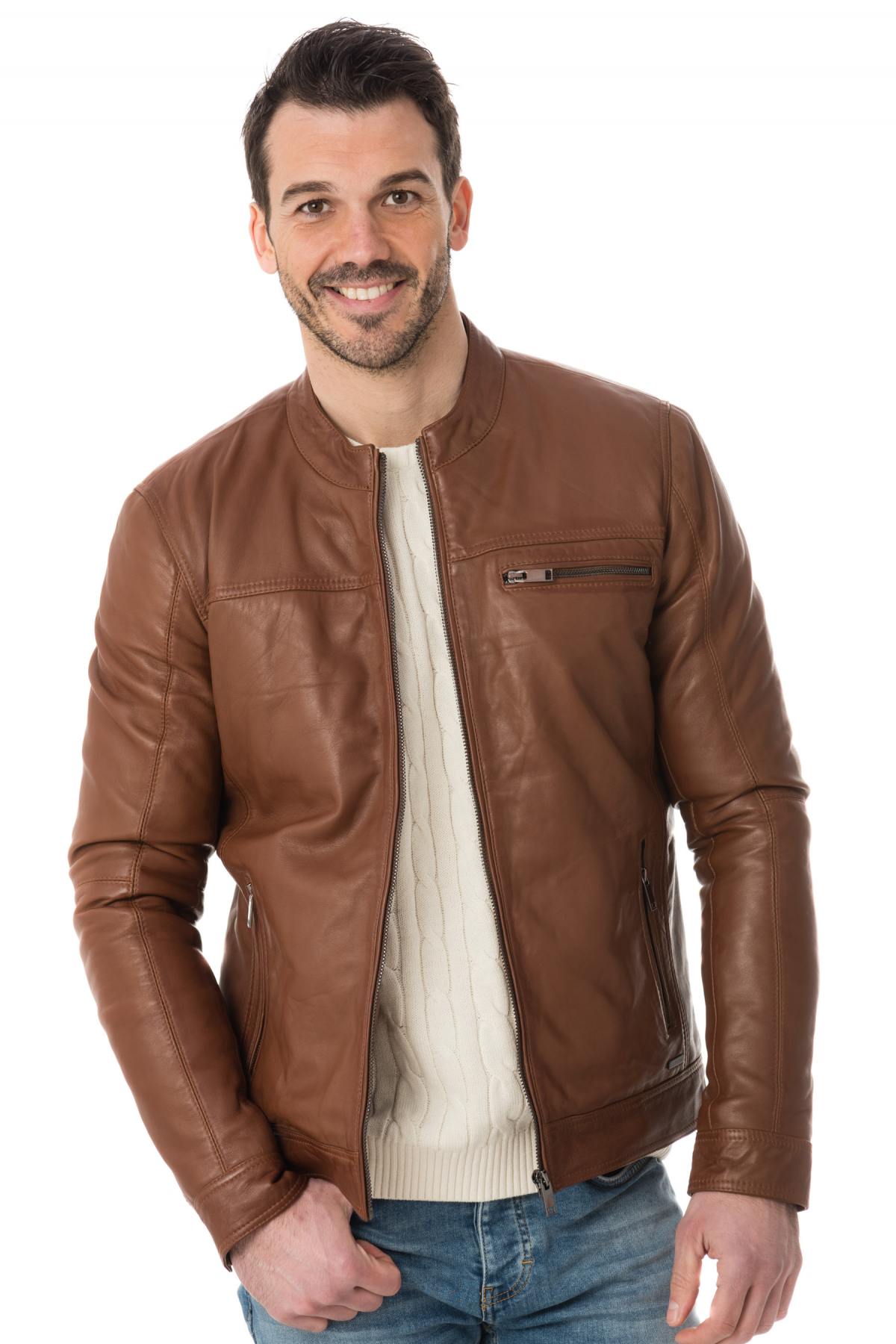 Classic and trendy cityzen round neck leather jacket - Image n°3