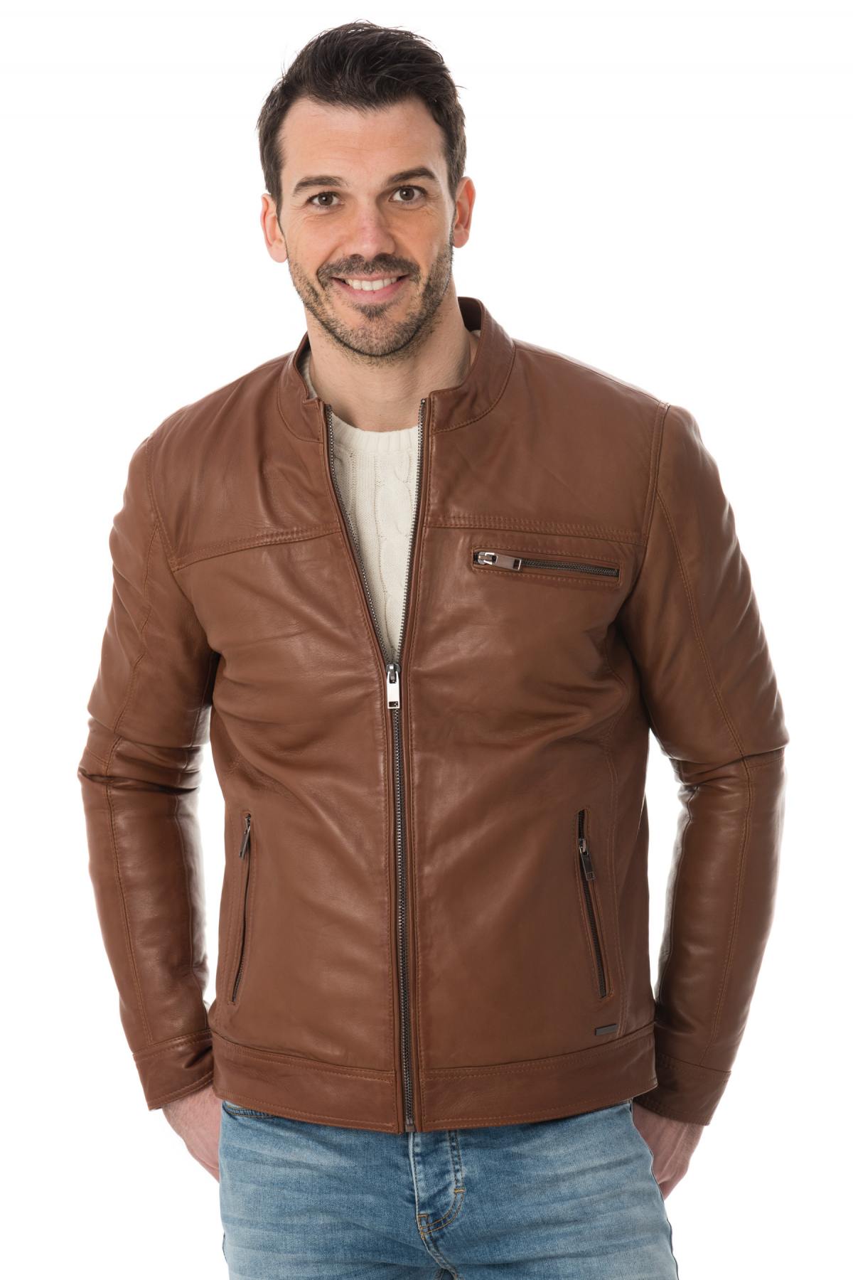 Classic and trendy cityzen round neck leather jacket - Image n°1