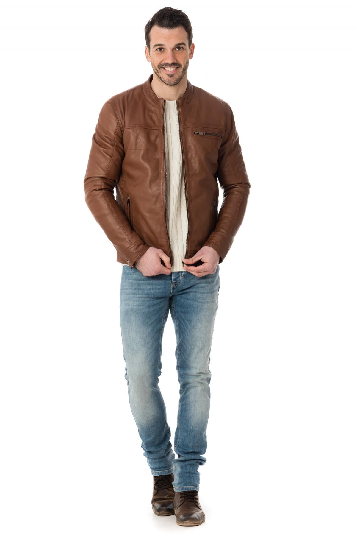 Classic and trendy cityzen round neck leather jacket - Image n°2