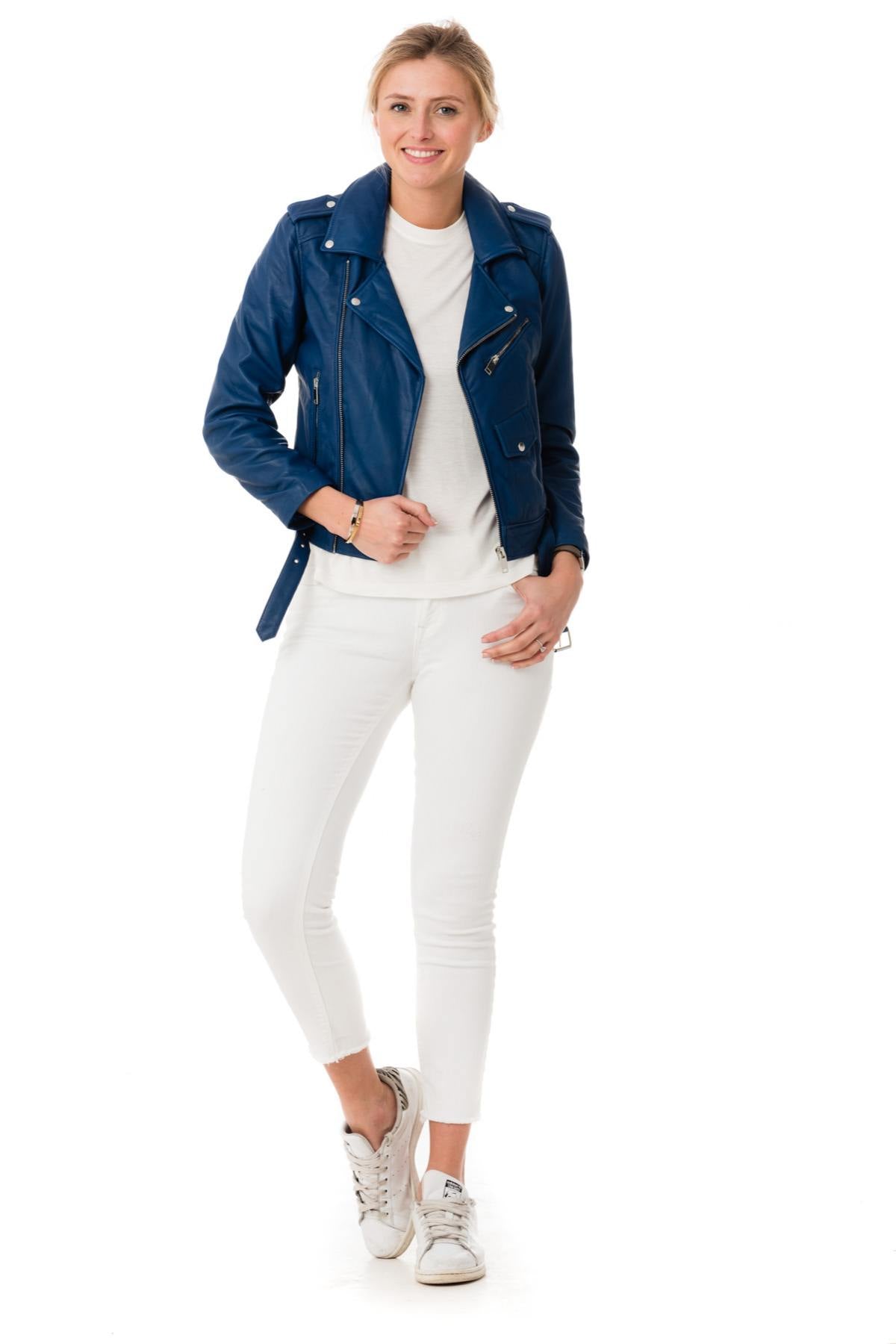 Women's Biker Jacket in blue sheepskin leather - Image n°2