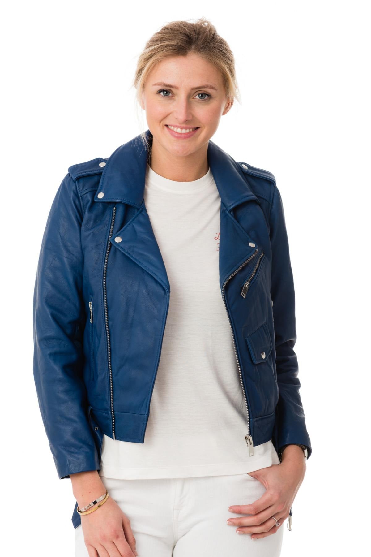 Women's Biker Jacket in blue sheepskin leather - Image n°1