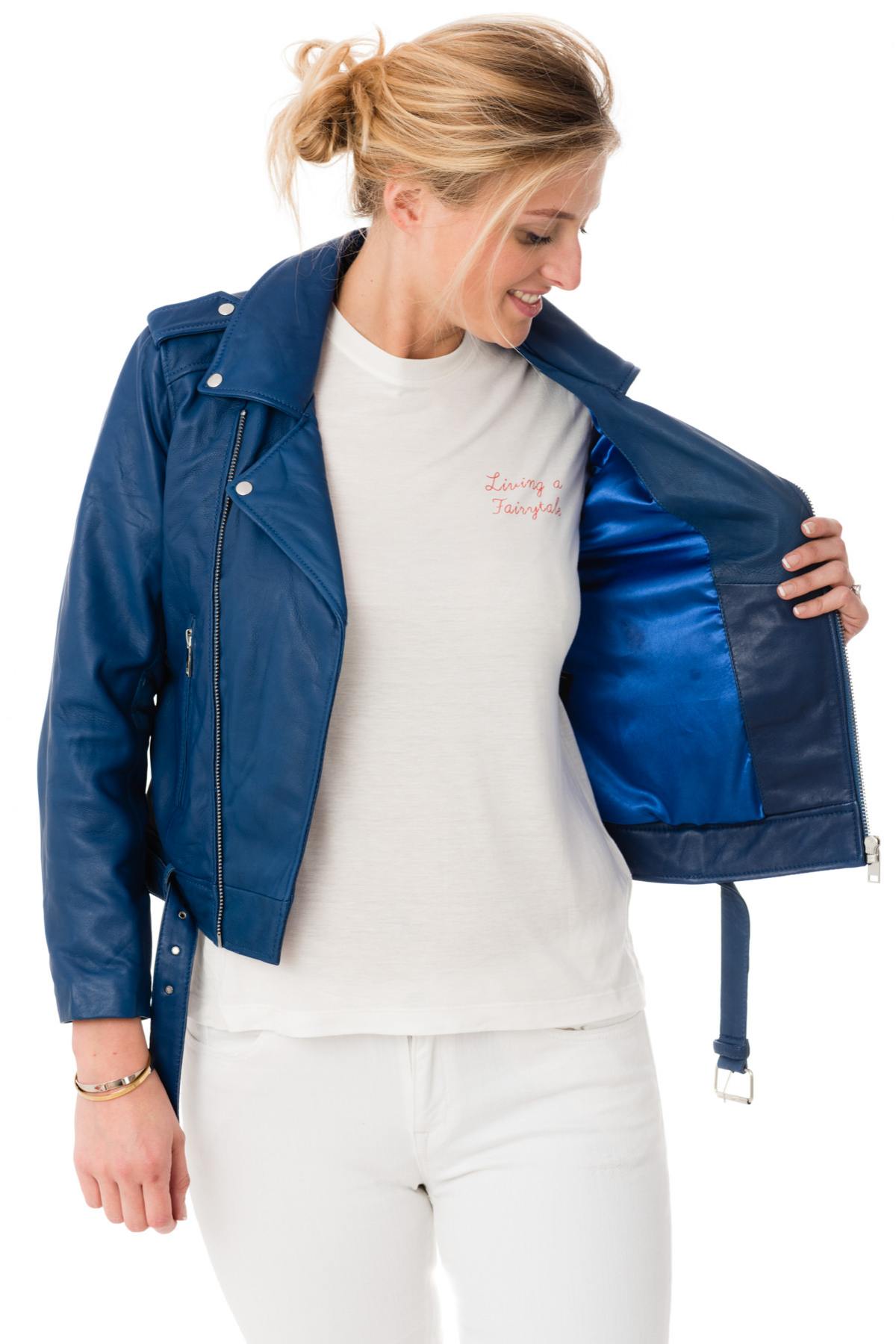 Women's Biker Jacket in blue sheepskin leather - Image n°4