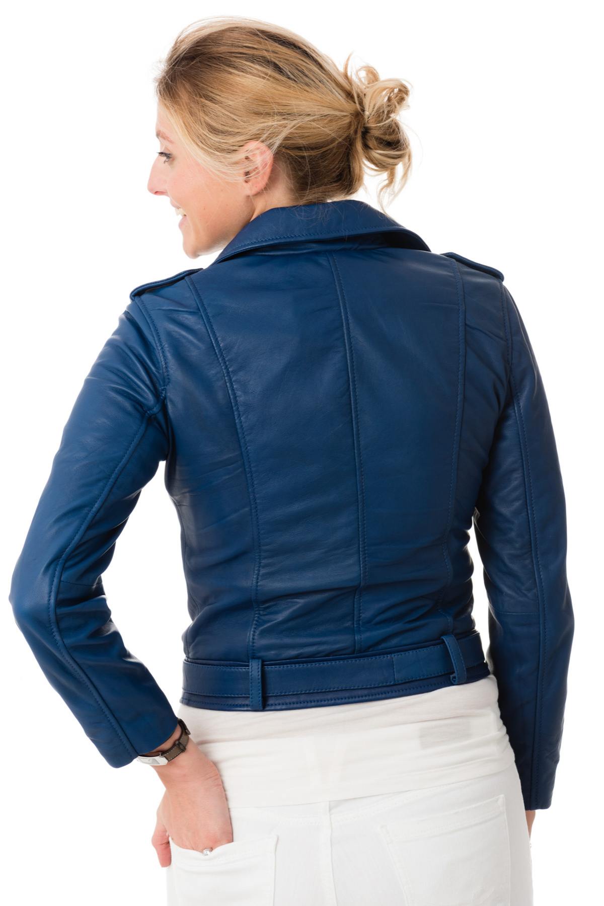 Women's Biker Jacket in blue sheepskin leather - Image n°5