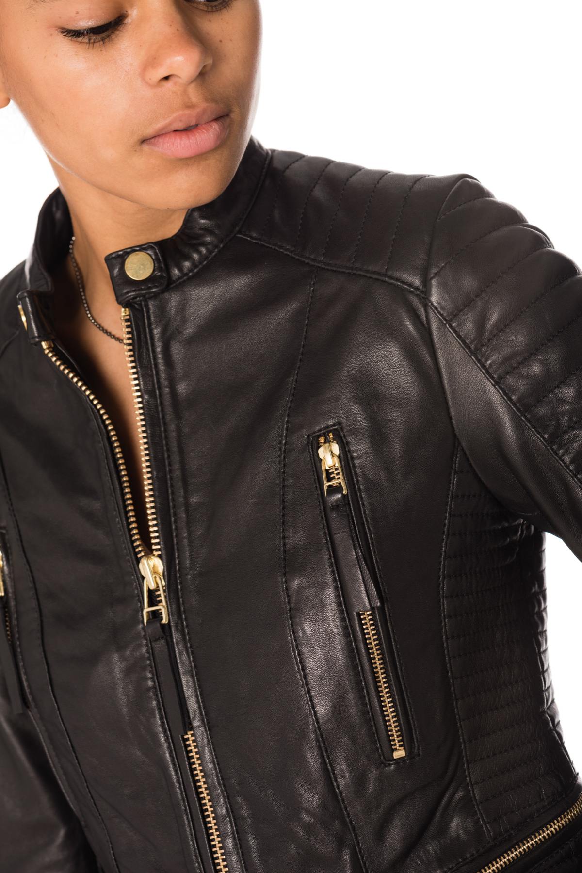 Black biker collar jacket with gold closures - Image n°6