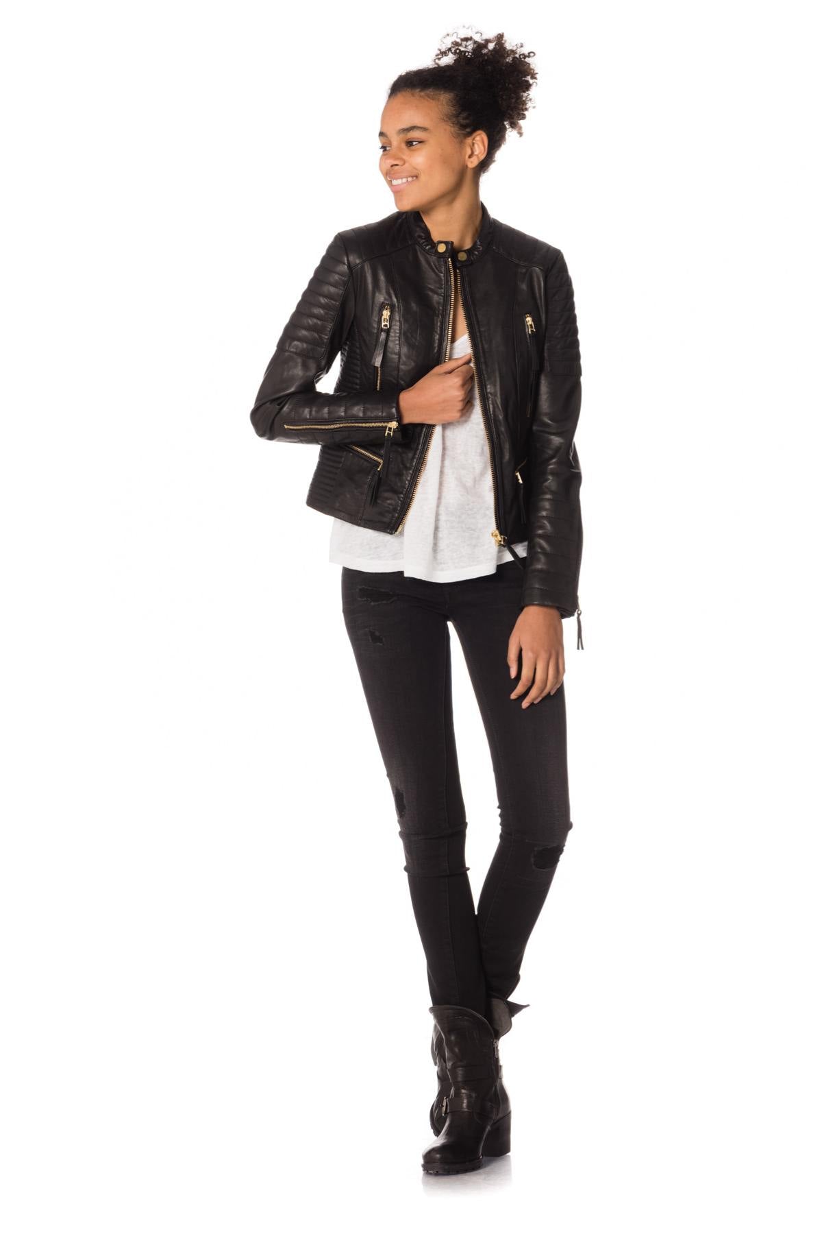 Black biker collar jacket with gold closures - Image n°2