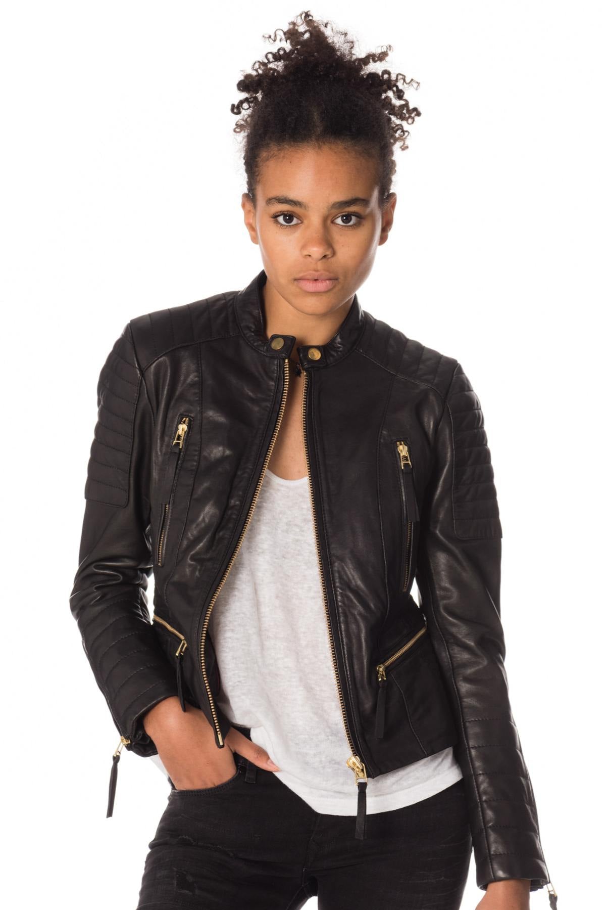 Black biker collar jacket with gold closures - Image n°3