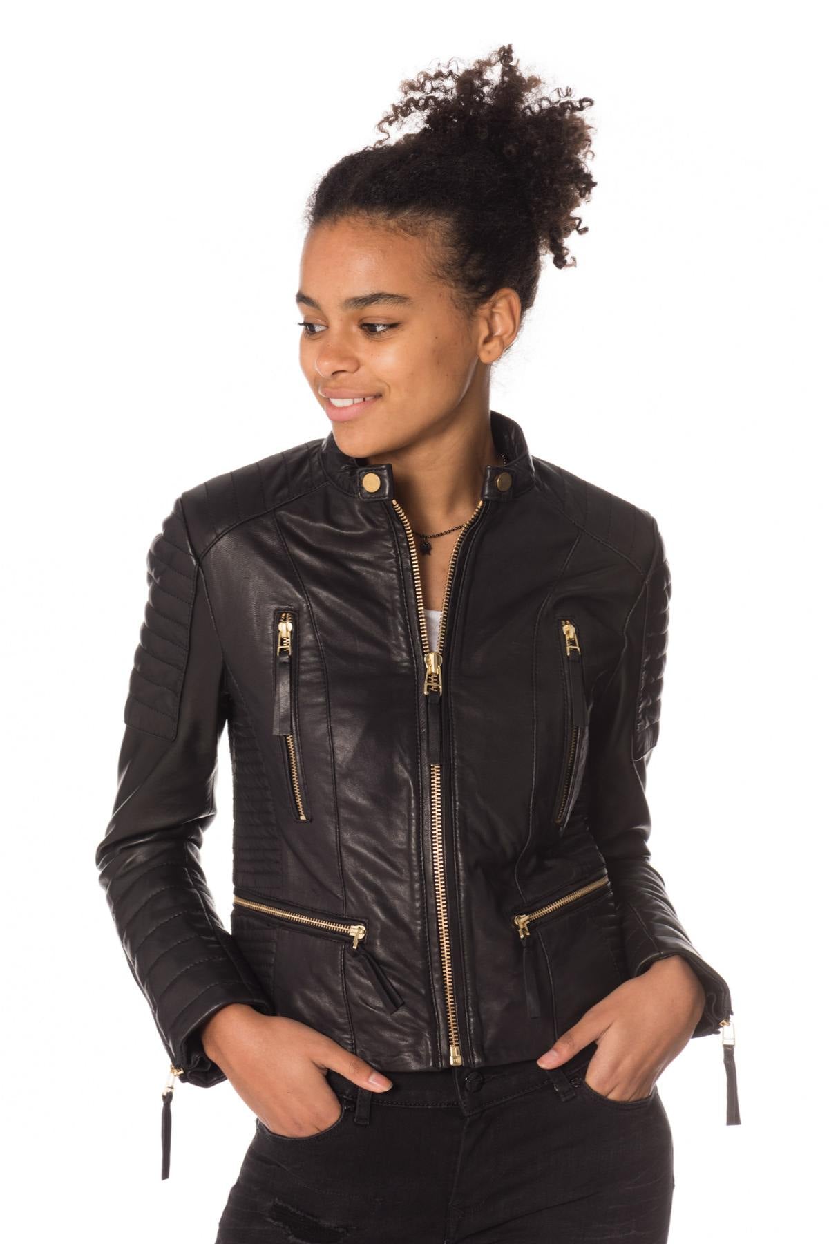 Black biker collar jacket with gold closures - Image n°1