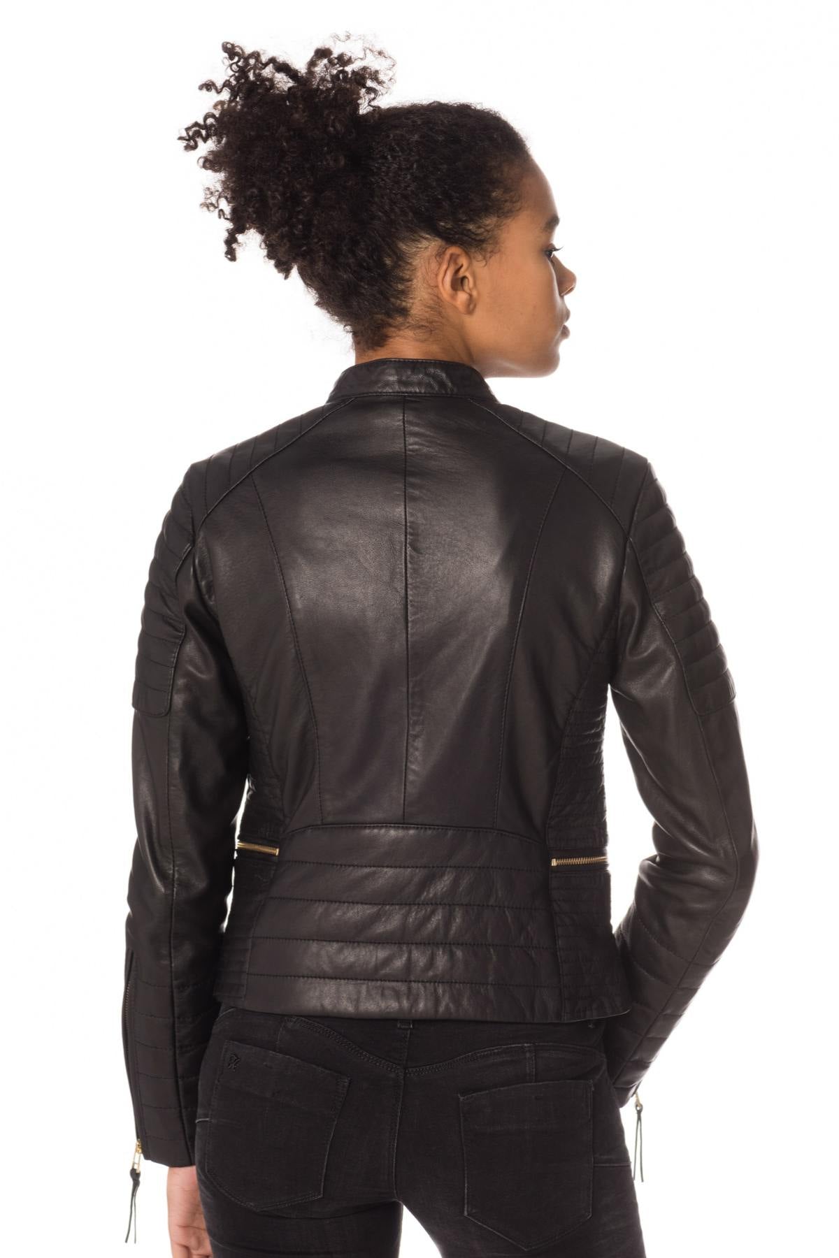 Black biker collar jacket with gold closures - Image n°5