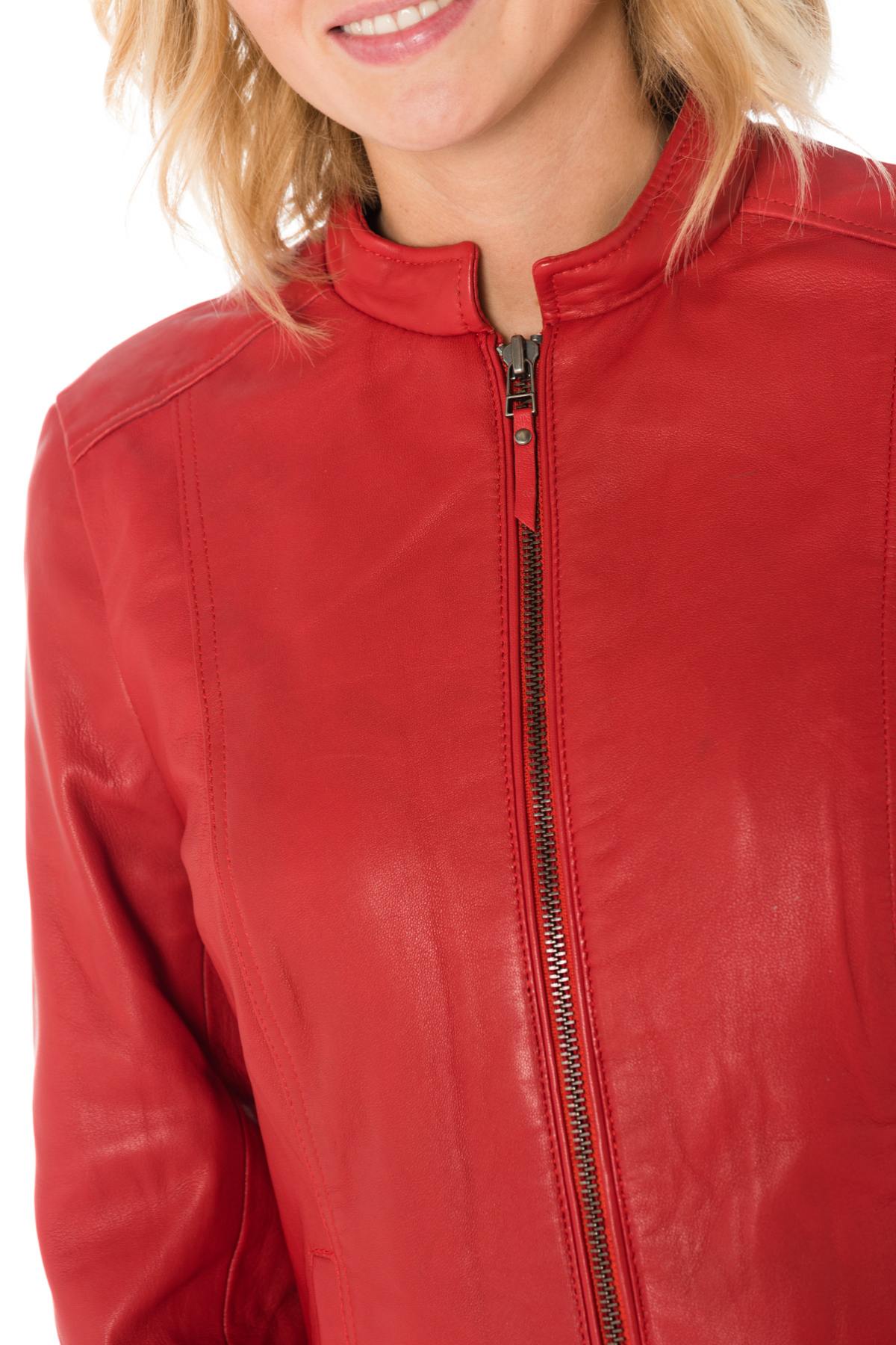 Women's red leather jacket with mao collar - Image n°6