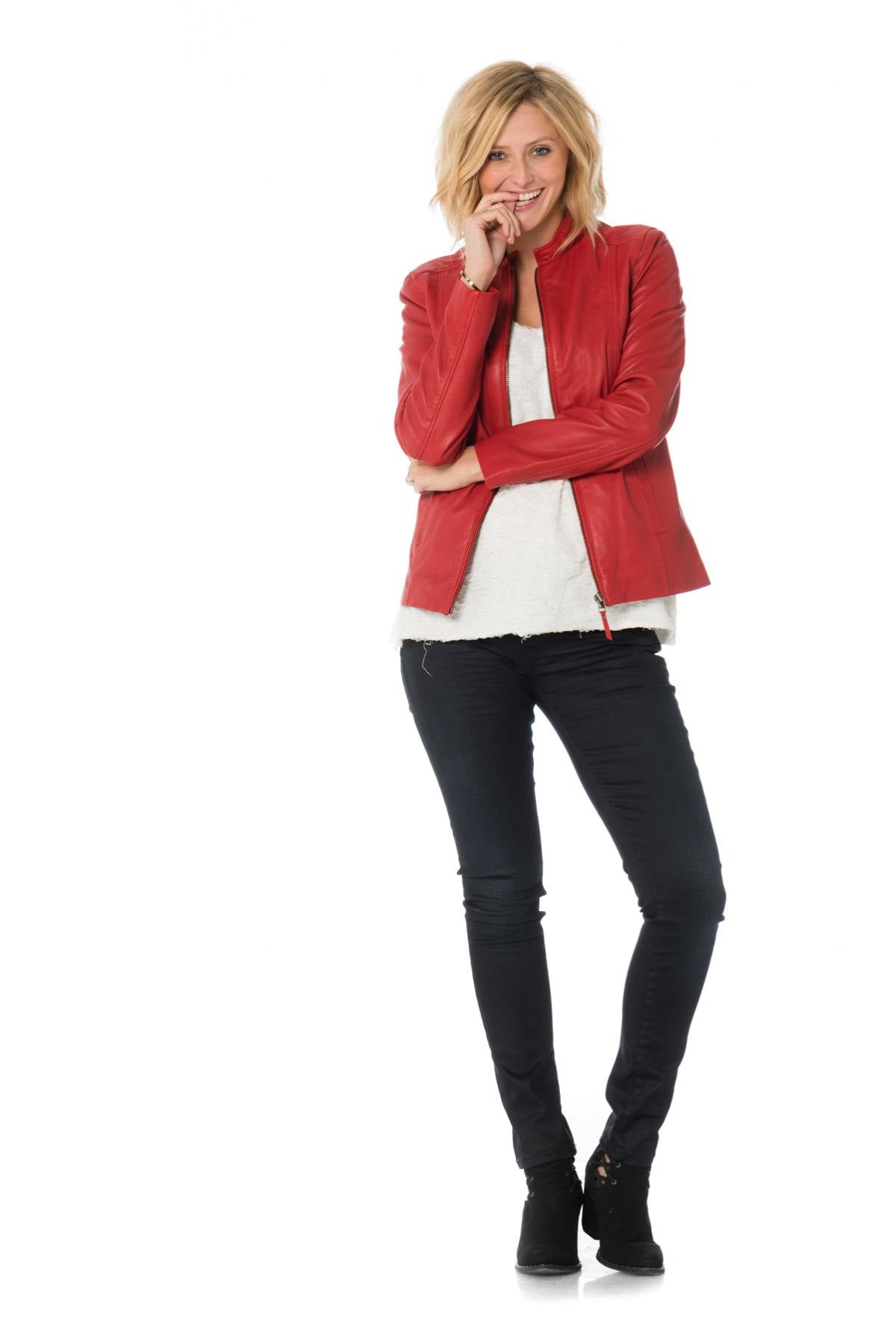 Women's red leather jacket with mao collar - Image n°2