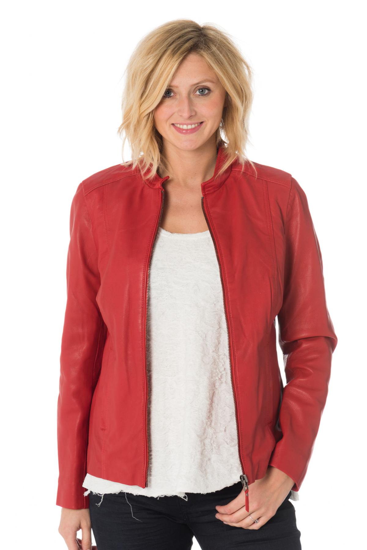 Women's red leather jacket with mao collar - Image n°1