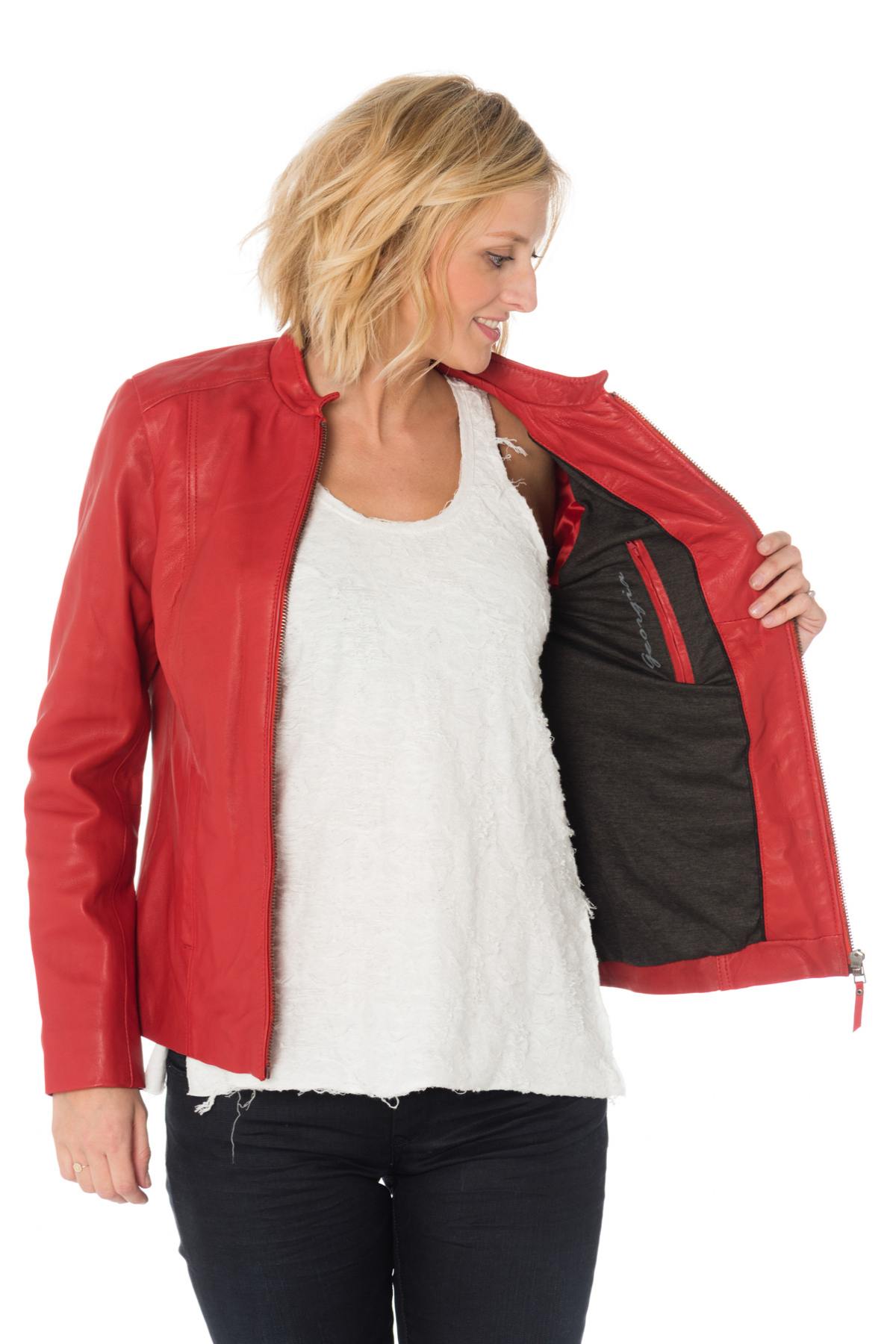 Women's red leather jacket with mao collar - Image n°4