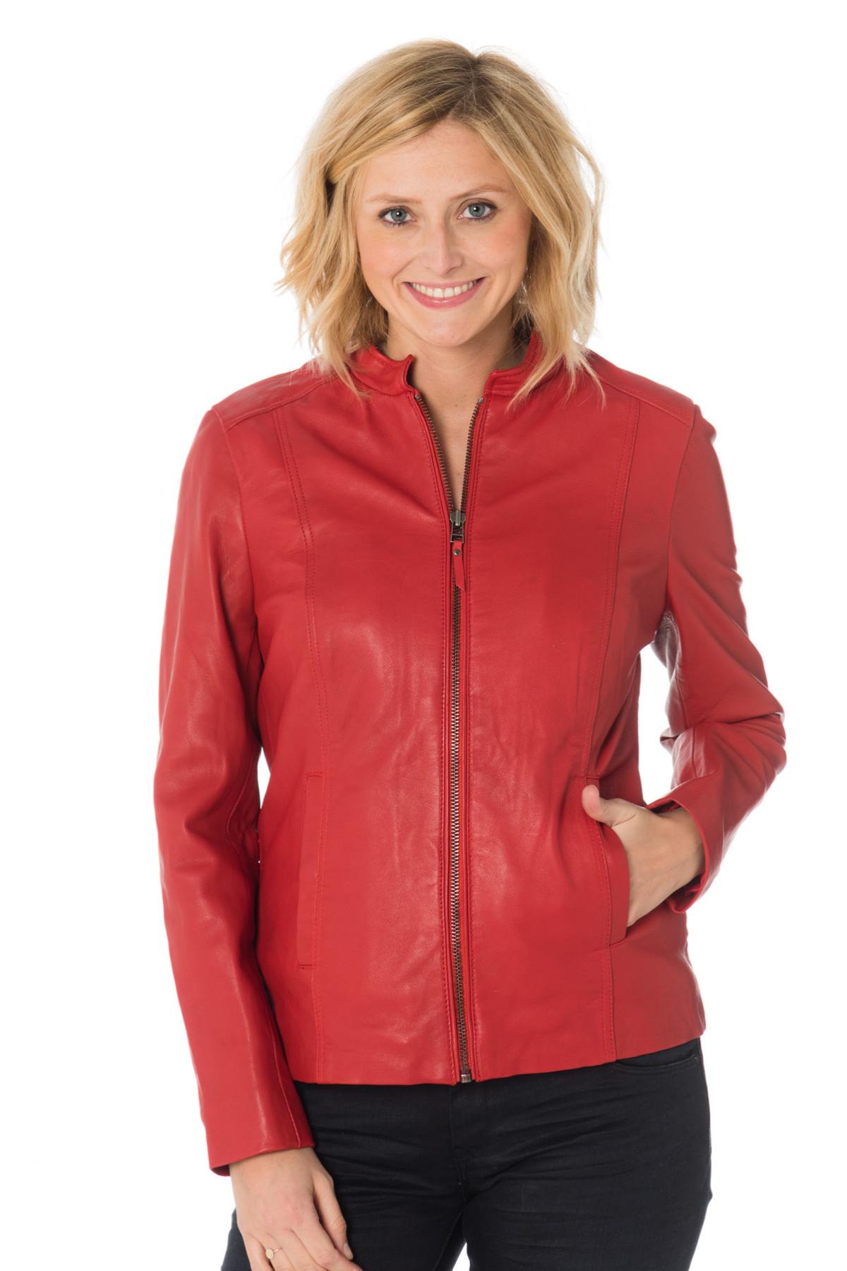 Women's red leather jacket with mao collar - Image n°3